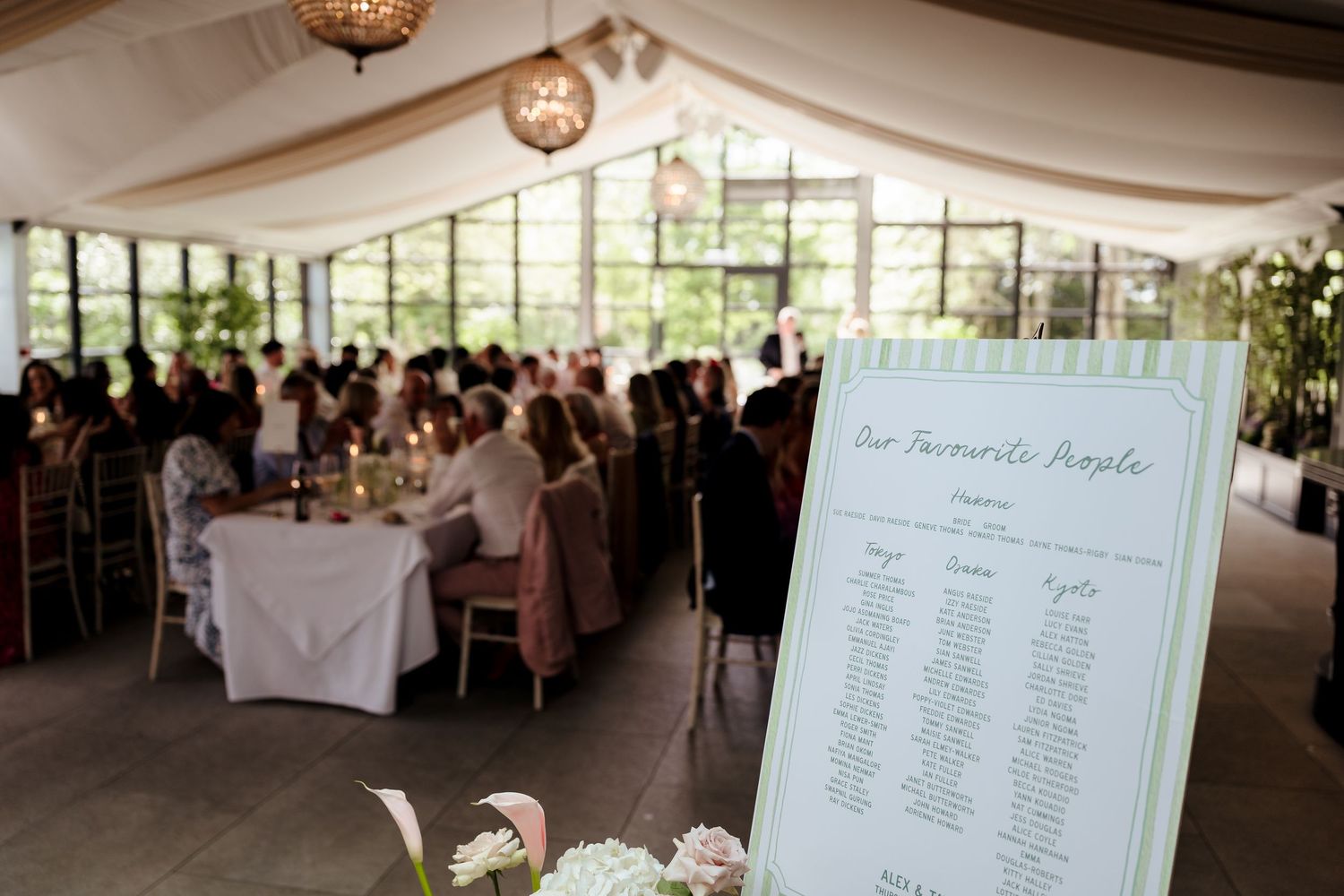 Wedding reception seating chart sign reading Our Favourite People displayed in elegant marquee venue.