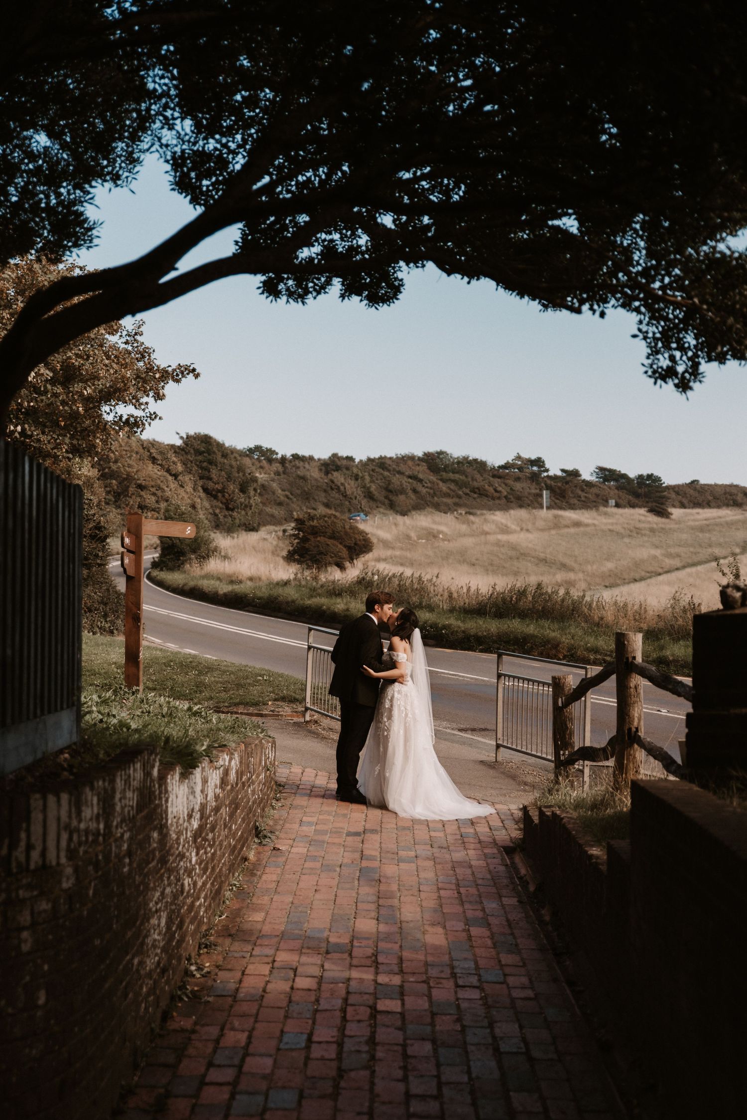 Bride and groom sharing romantic moment on brick path under tree with scenic countryside backdrop.