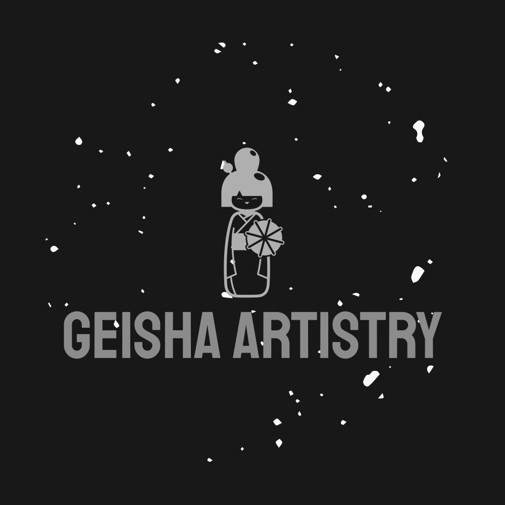 Geisha Artistry logo with grey text and figure on black background.