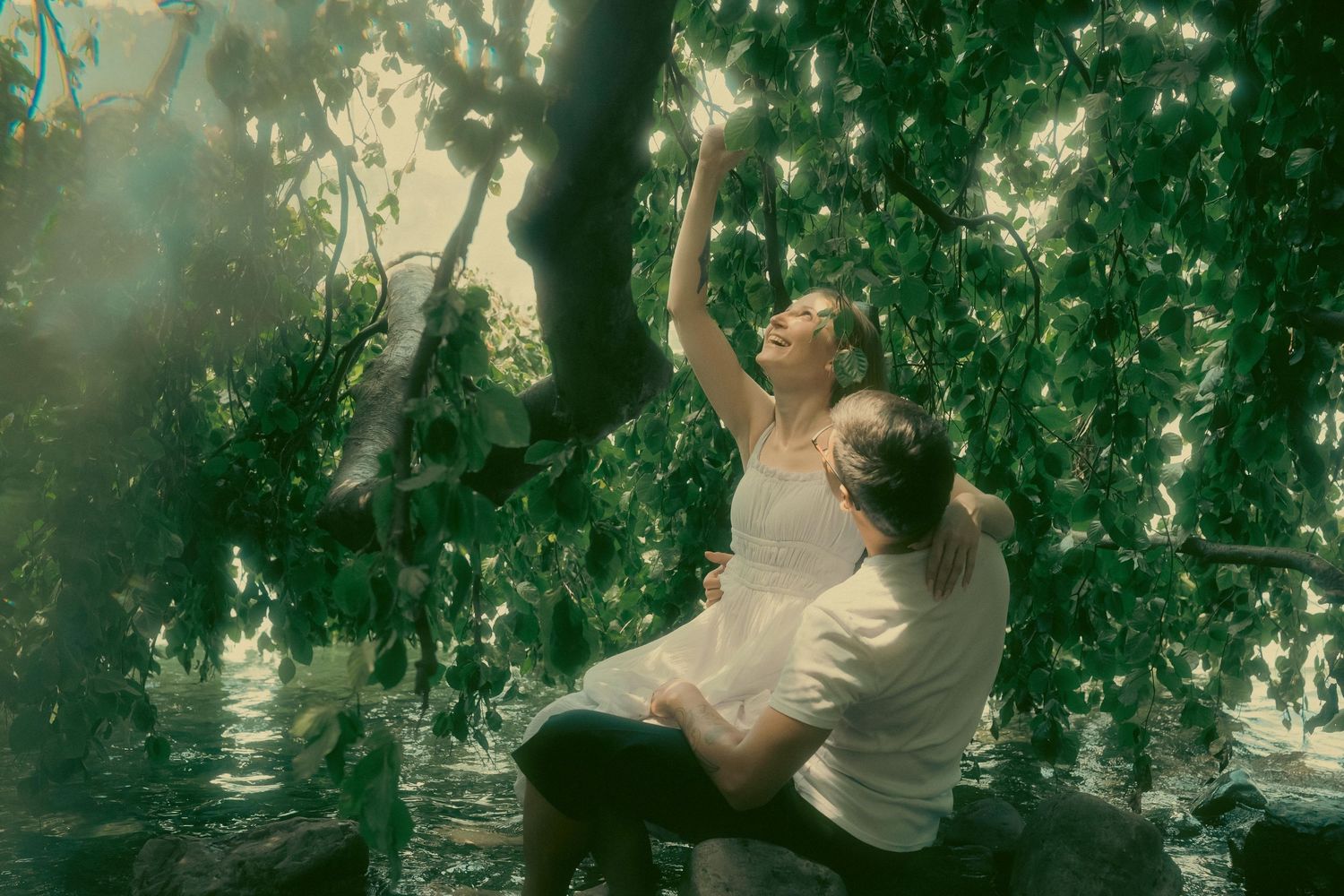 Two people sit among lush green trees, one reaching upward toward sunlight filtering through the leaves.
