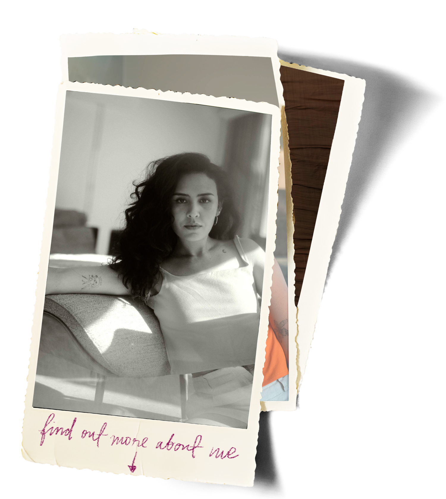 Black and white polaroid photo of a young woman with curly hair sitting relaxed, with text reading find out more about me.