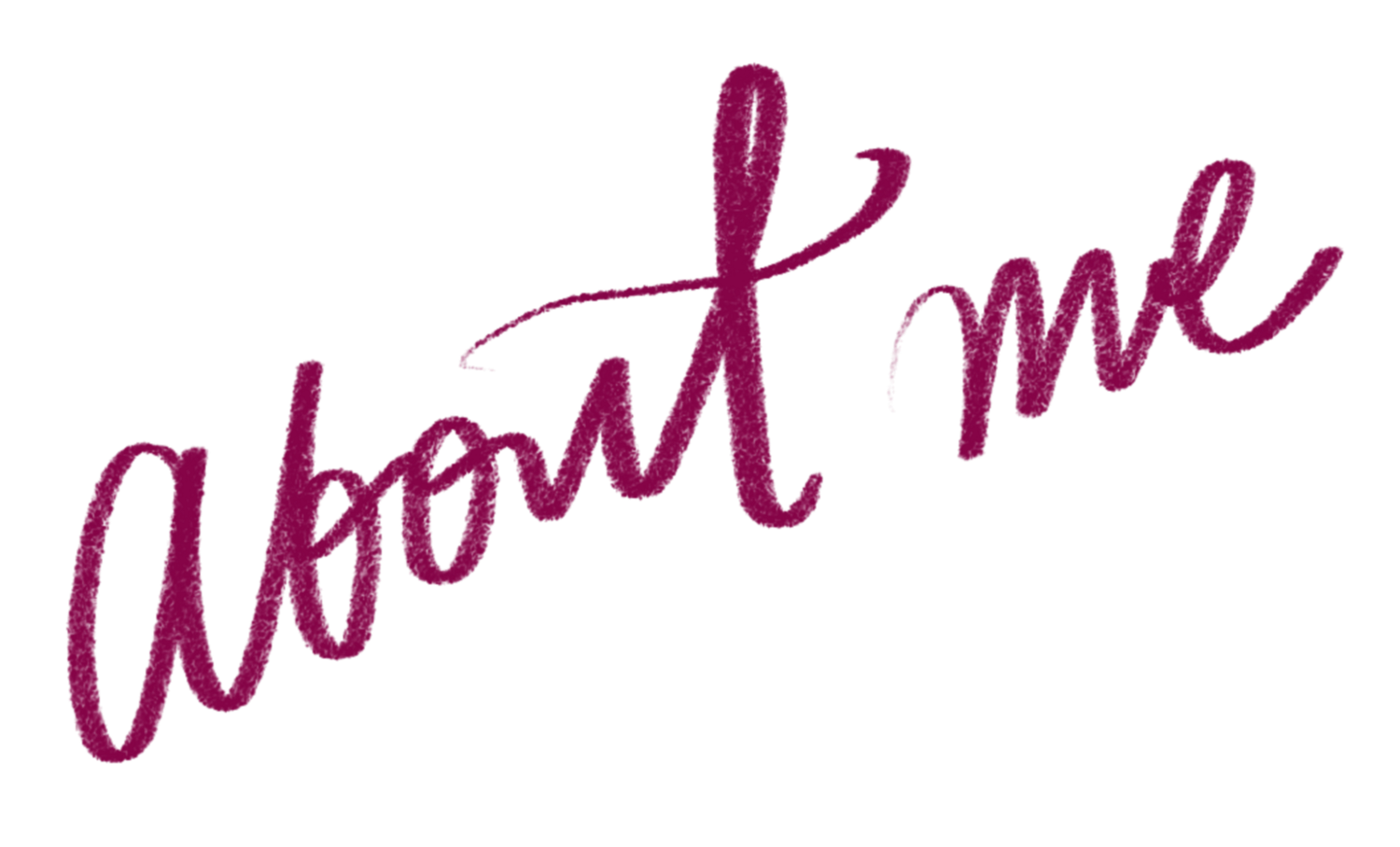 Elegant cursive script reading 'about me' in deep magenta on white background.