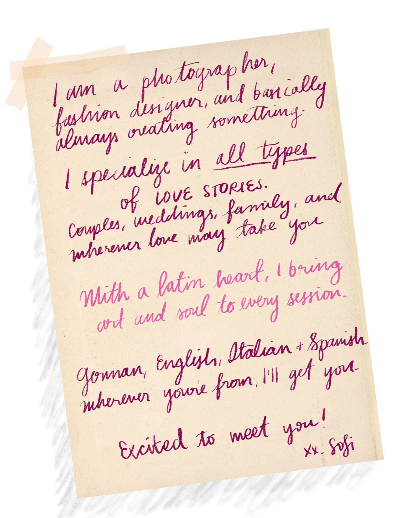 Handwritten note on aged paper from photographer Sofi, describing her love story specialties in German, English, Italian and Spanish.