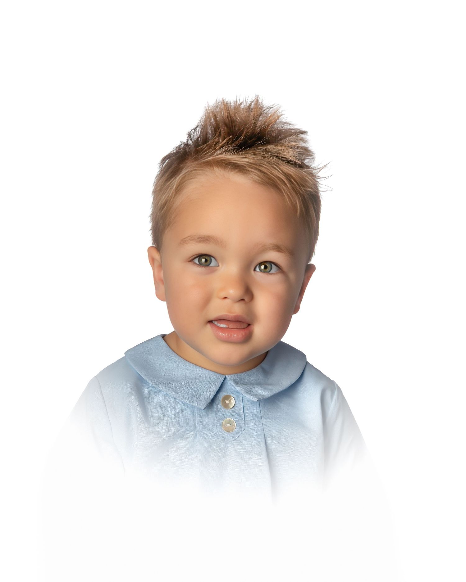 Toddler boy with blonde spiked hair wearing a light blue peter pan collar shirt.