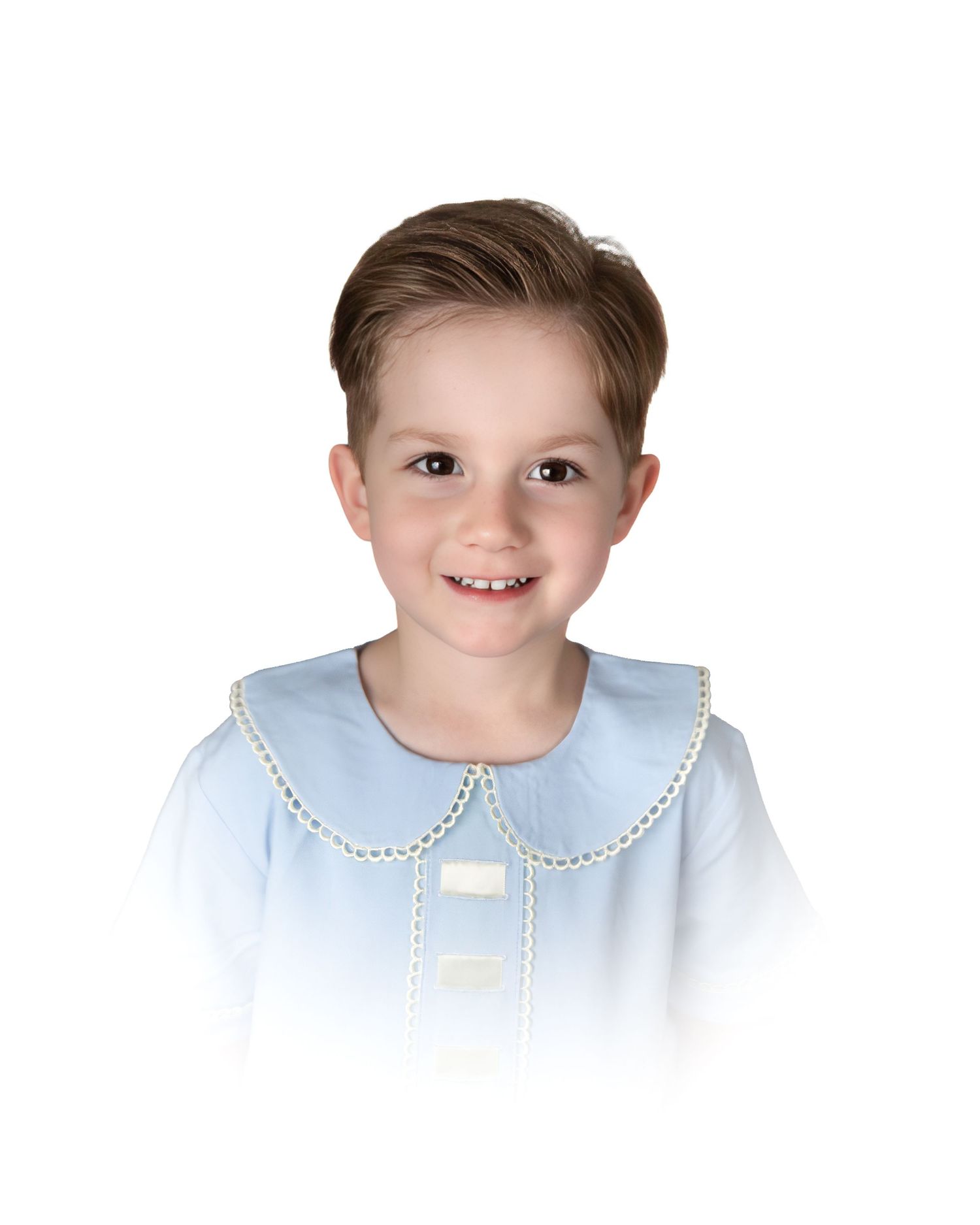 Smiling boy wearing a light blue top with an embroidered Peter Pan collar.