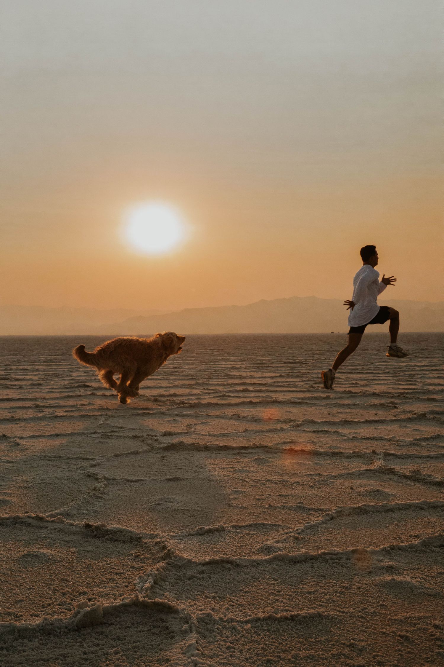 Man and golden retriever running together across vast salt flats during a vibrant orange sunset.