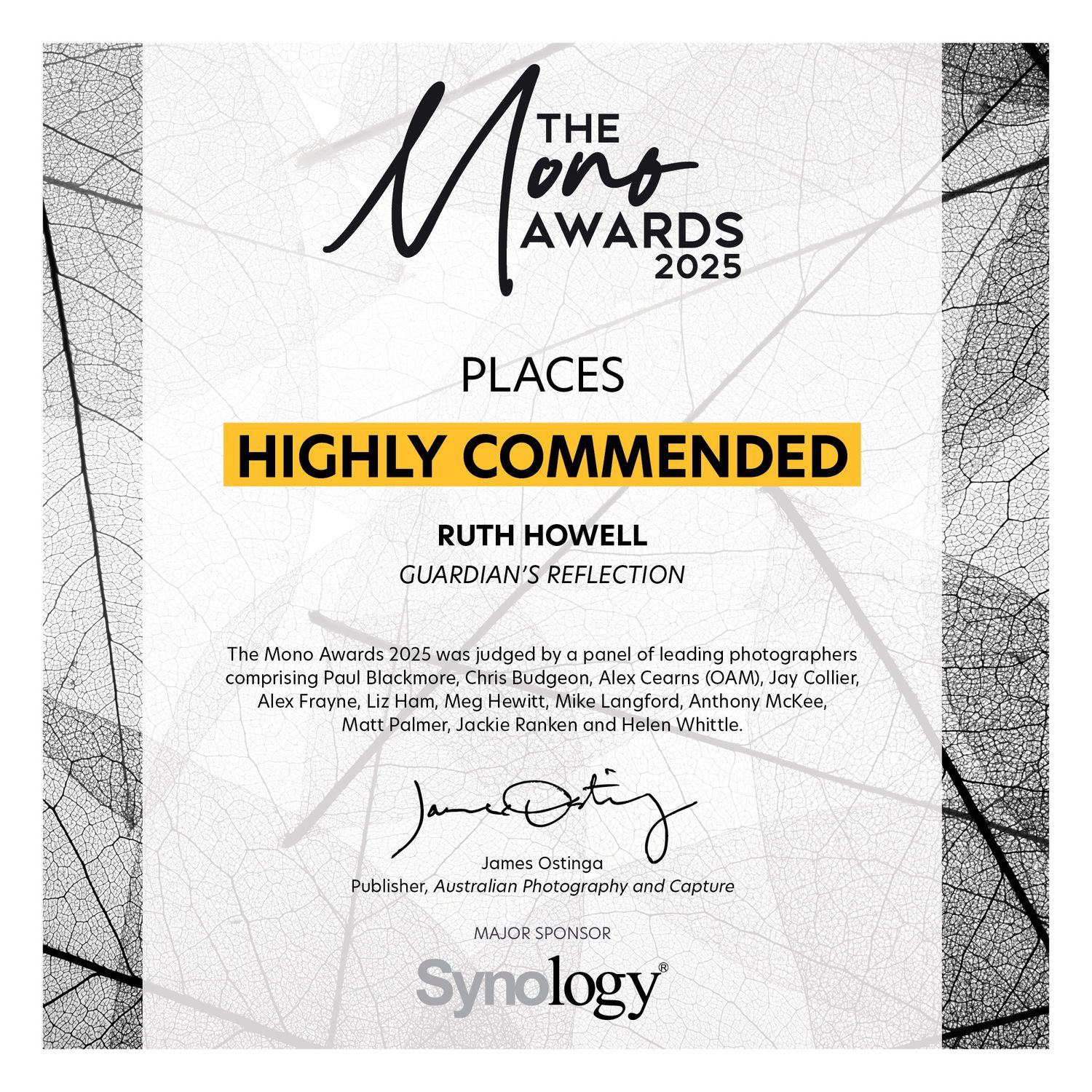 The Mono Awards 2025 certificate showing Ruth Howell's Guardian's Reflection winning Highly Commended in the Places category.