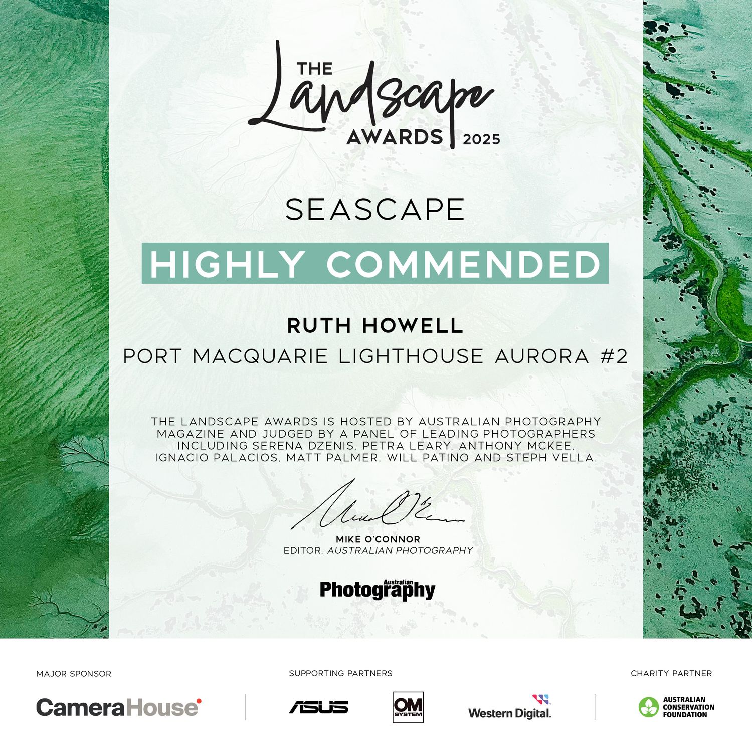 The Landscape Awards 2025 certificate for Seascape Highly Commended awarded to Ruth Howell for Port Macquarie Lighthouse Aurora #2.