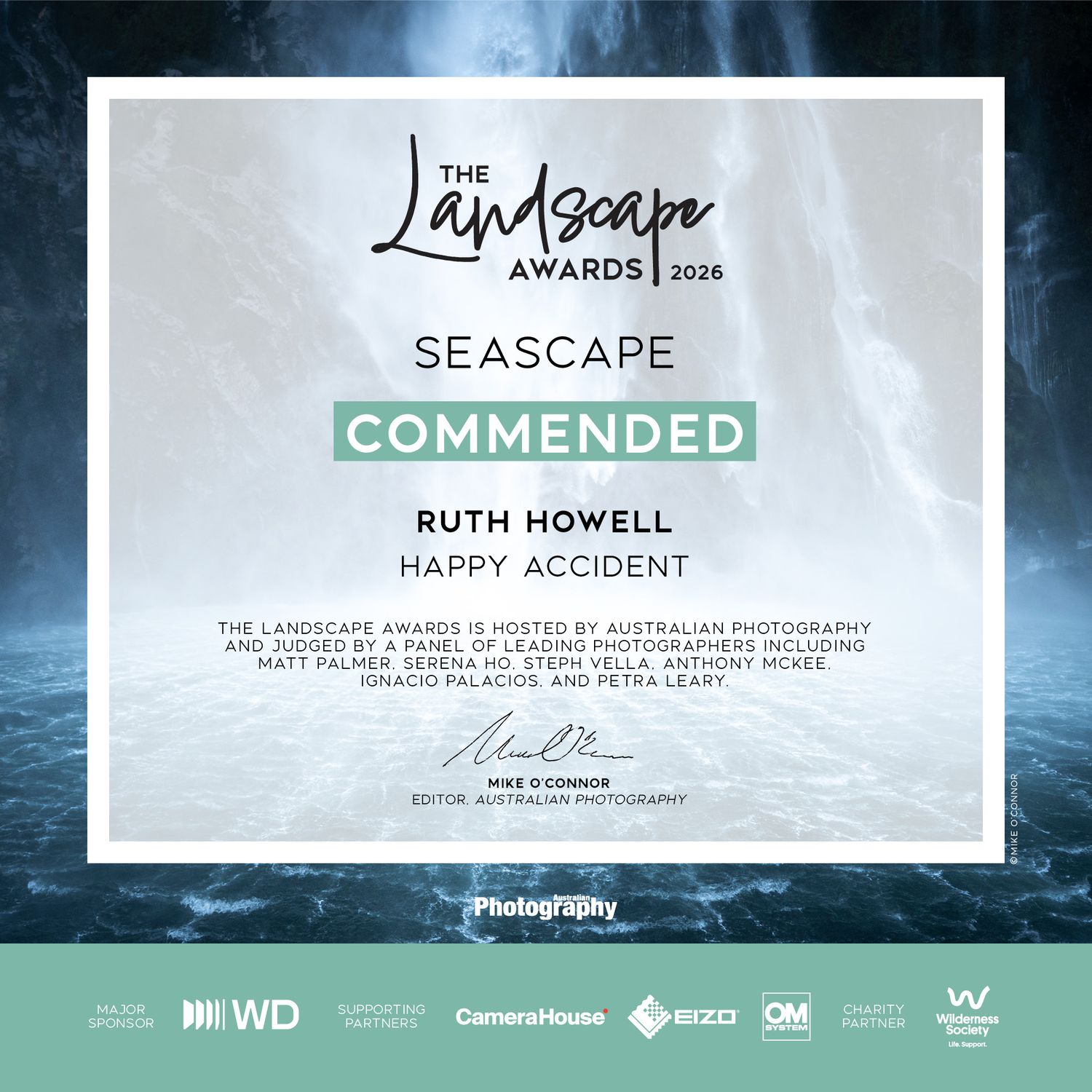 The Landscape Awards 2026 Seascape Commended certificate awarded to Ruth Howell for Happy Accident.