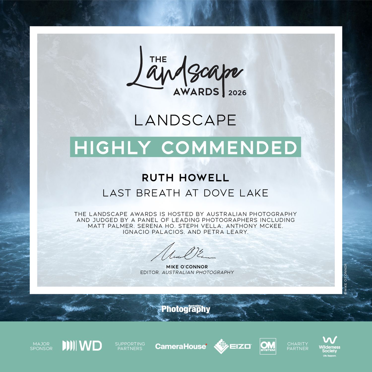 Landscape Awards 2026 Highly Commended certificate for Ruth Howell's Last Breath at Dove Lake photo.