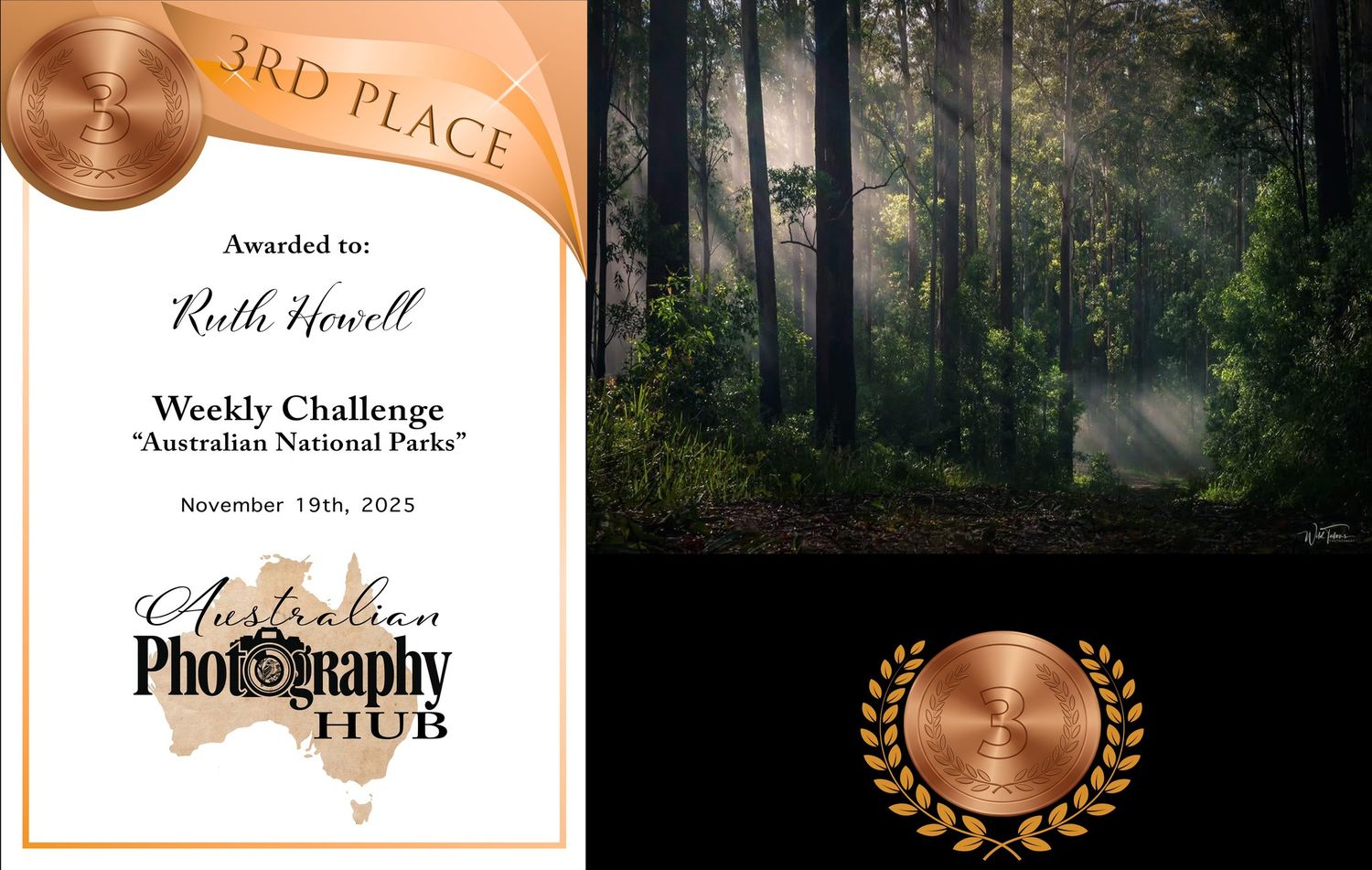 3rd place award certificate for Ruth Howell in Australian Photography Hub weekly challenge, Australian National Parks, November 2023.