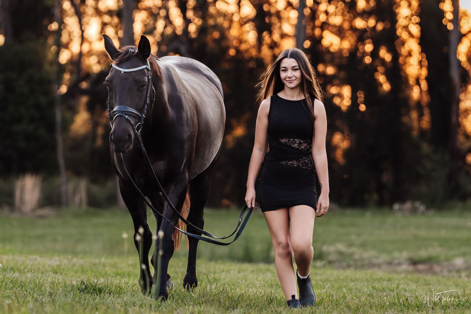 Young woman in black dress walking a dark horse across a green field during a warm sunset.