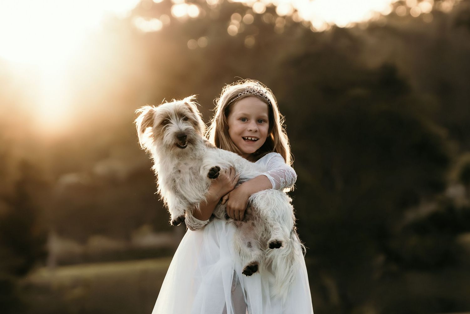 Happy young girl in white dress hugging a large fluffy dog in a sunlit green field.