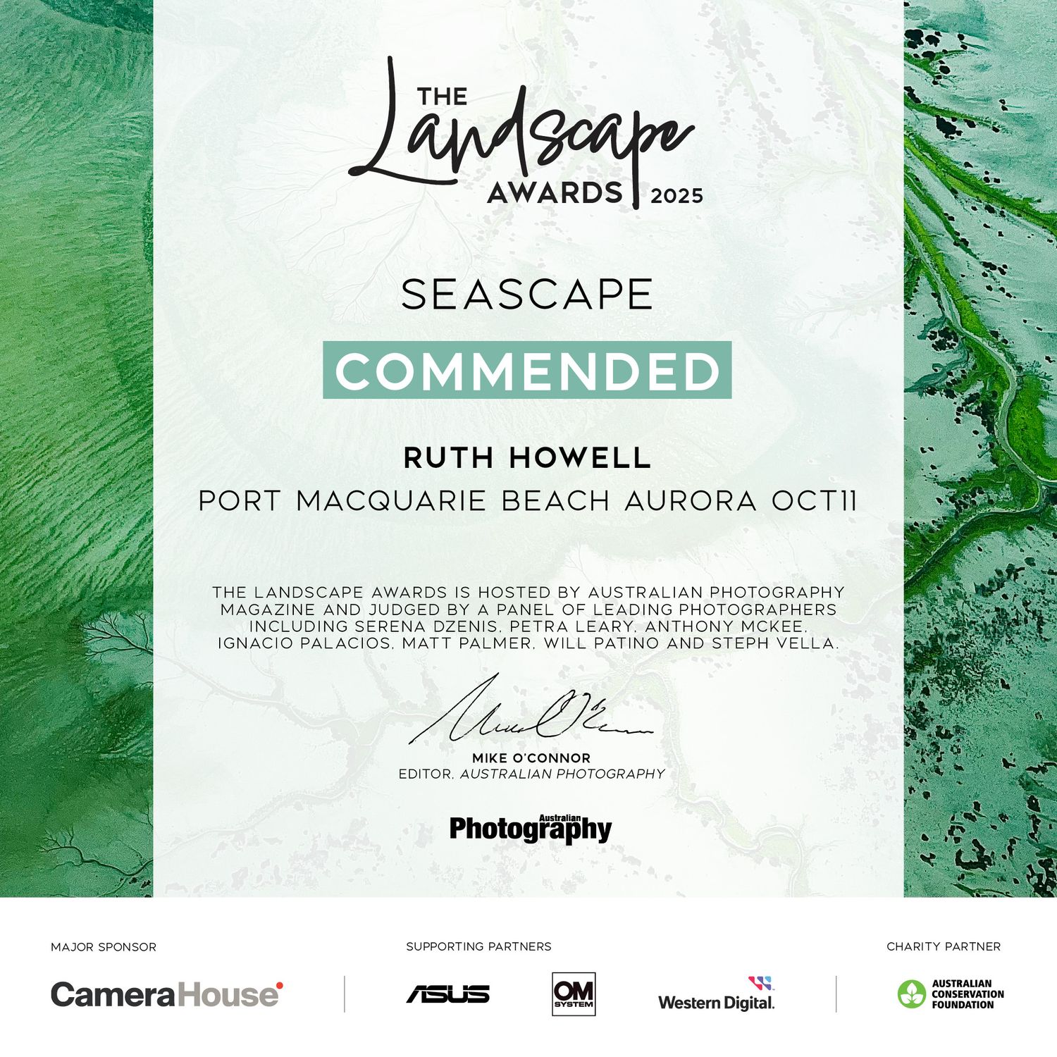 Landscape Awards 2025 Seascape Commended certificate awarded to Ruth Howell for Port Macquarie Beach Aurora photography.