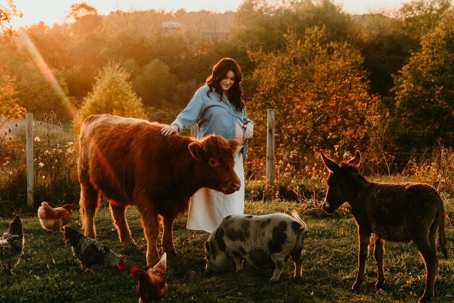 Woman surrounded by farm animals including a cow, donkey, pig, and chickens in golden sunset light.
