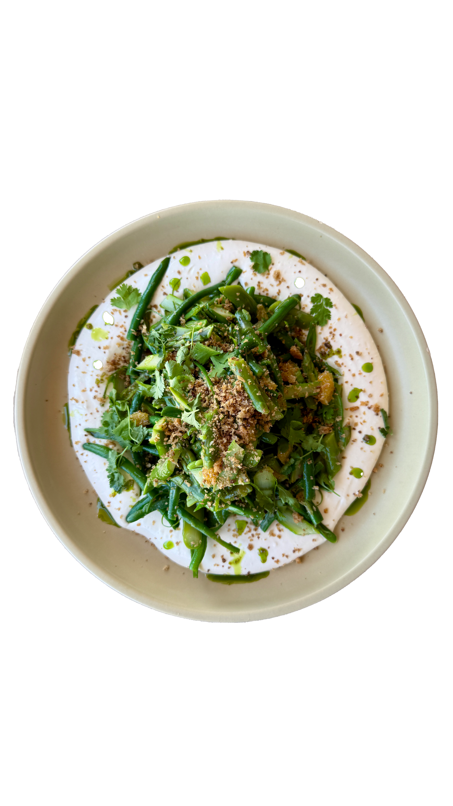 Fresh green bean salad with yogurt base, herbs, and toasted seeds in cream bowl.
