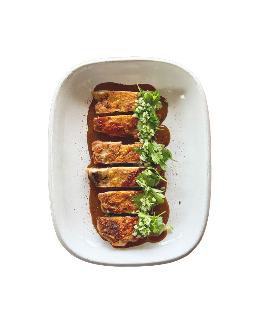 Crispy pan-fried dumplings in savory brown sauce topped with fresh cilantro and chopped herbs on a white ceramic plate.