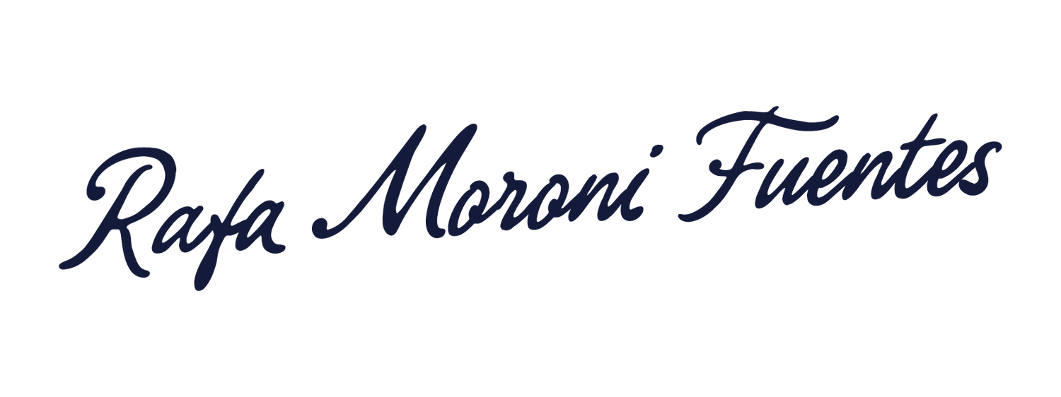 Elegant cursive signature logo of chef Rafa Moroni Fuentes in navy blue script.