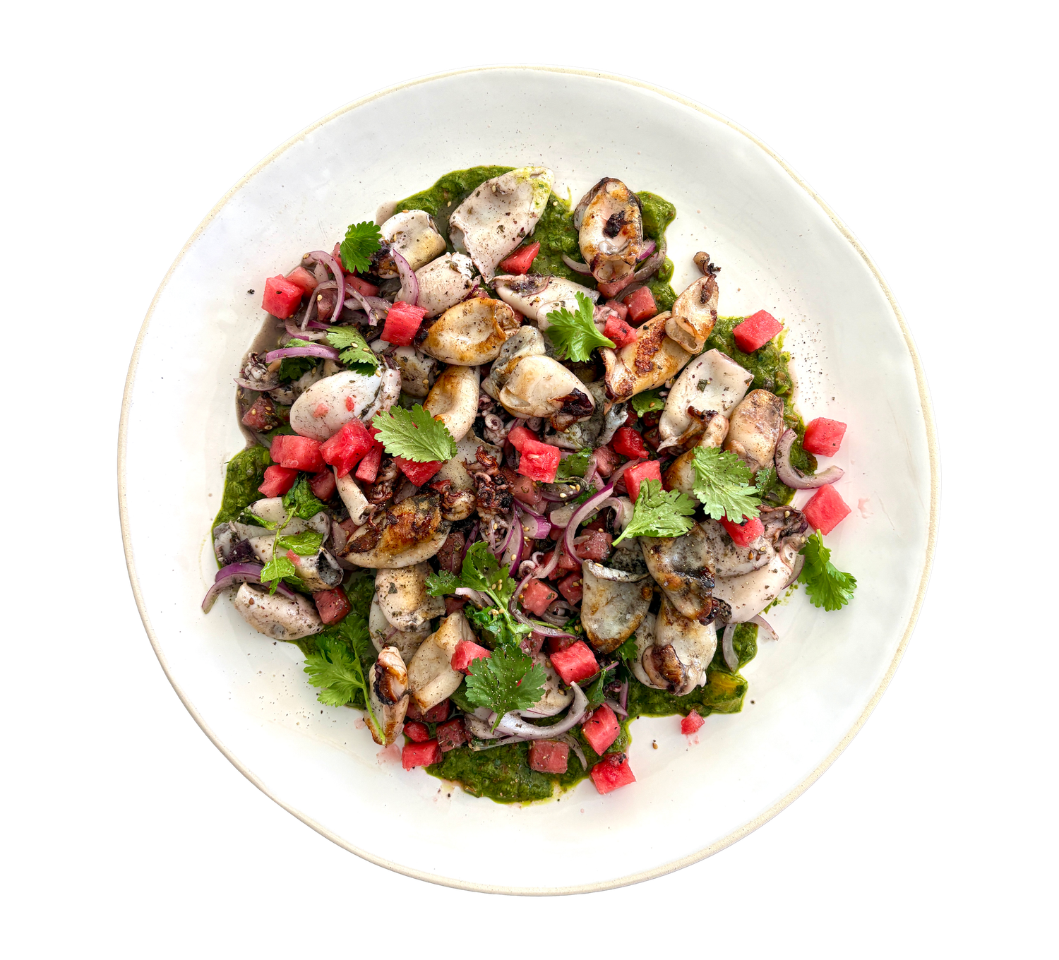 Grilled mushroom salad with diced tomatoes, red onion, and fresh cilantro in a white bowl.