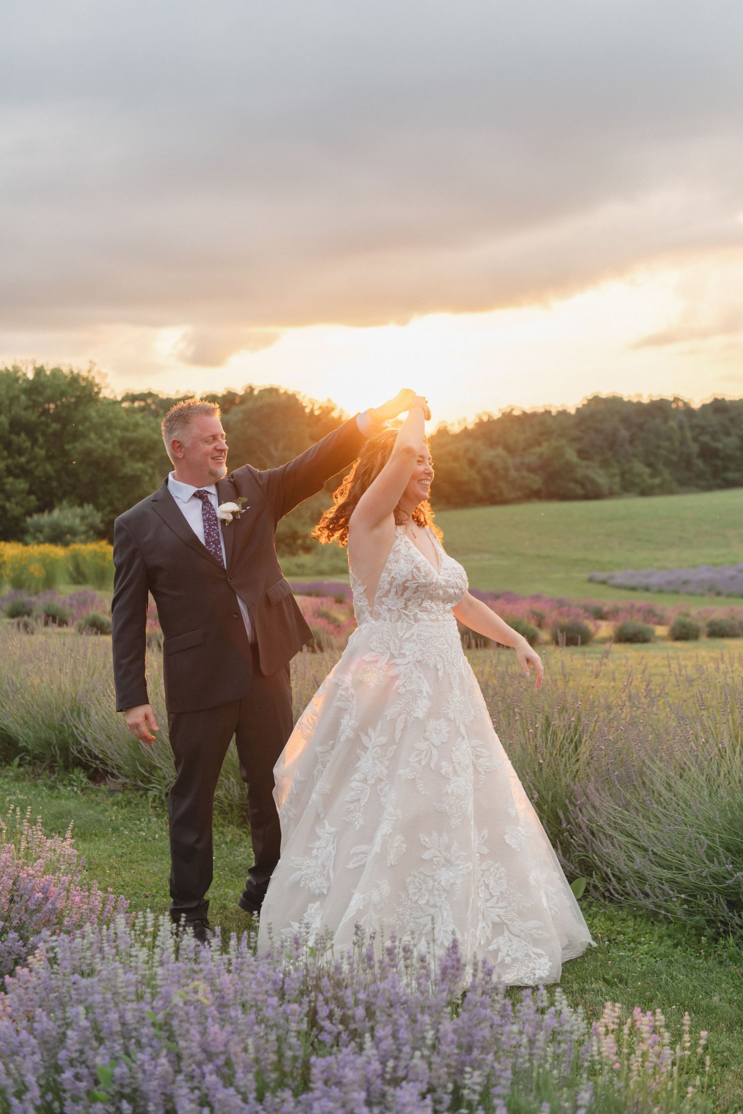 Sunset wedding photos at The Lavender Farm in Ayr, Ontario.
