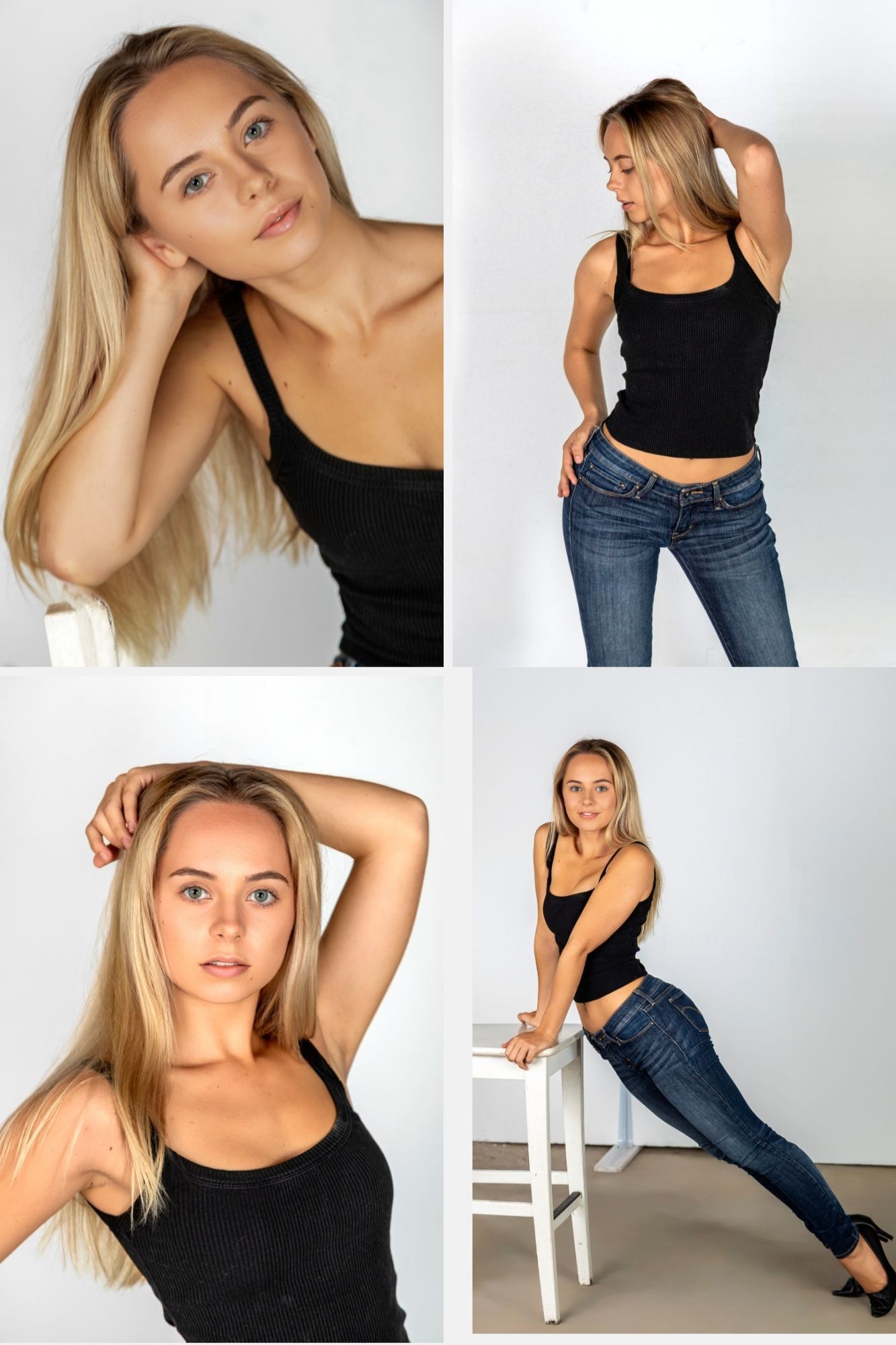 Blonde woman in black tank top and jeans poses in four studio shots showing different angles and poses.