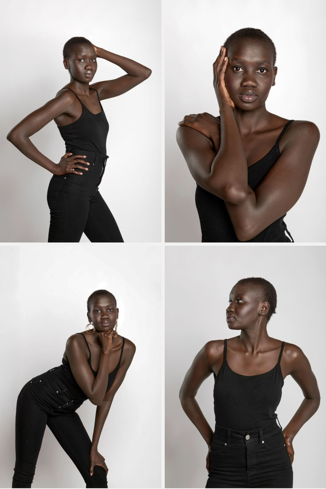 Deep skin female model in black tank top and jeans poses confidently in four dynamic studio shots against white background.