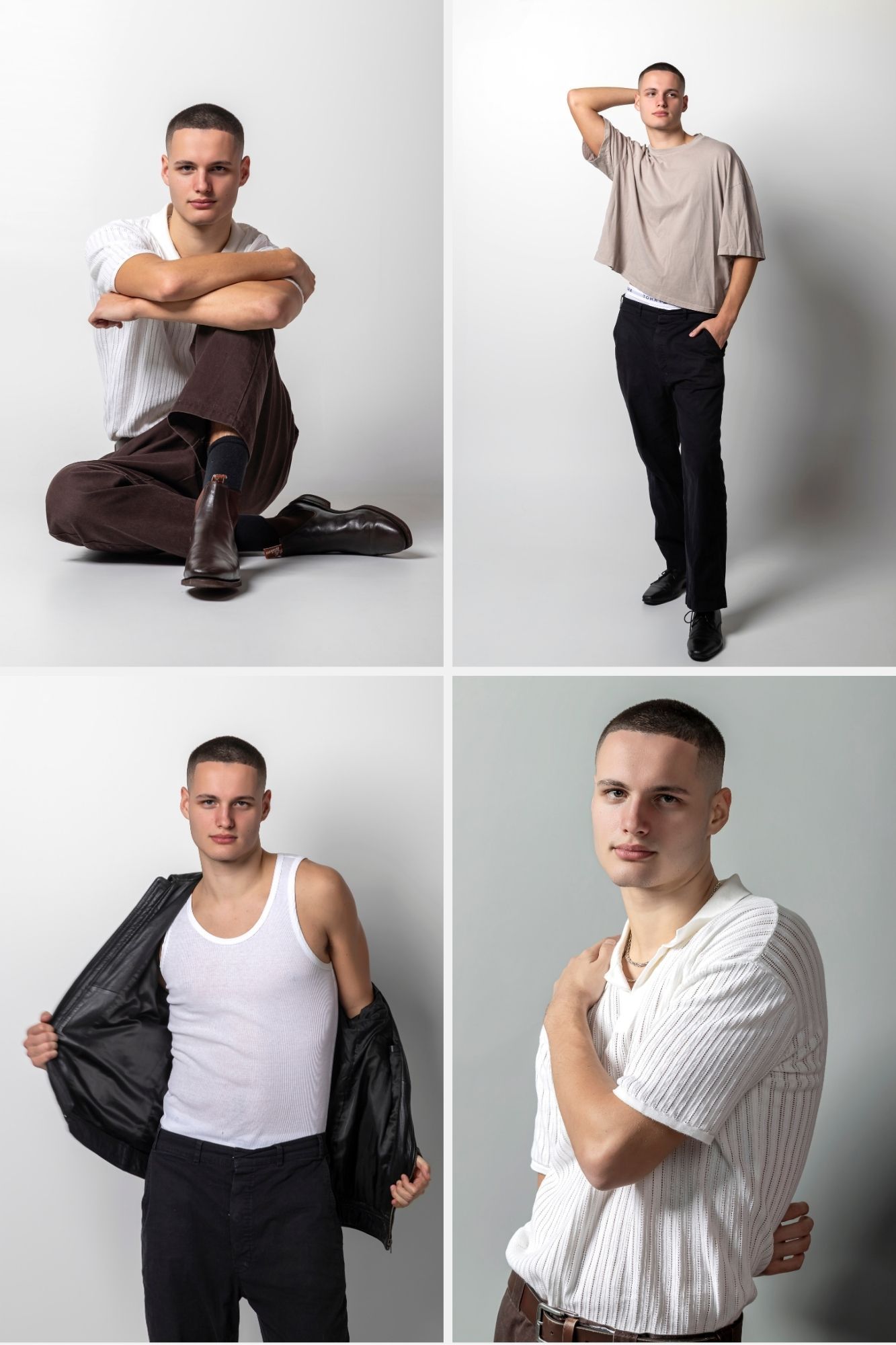 Collage of a young man in four studio poses wearing casual outfits including a leather jacket, tank top, and striped shirt.