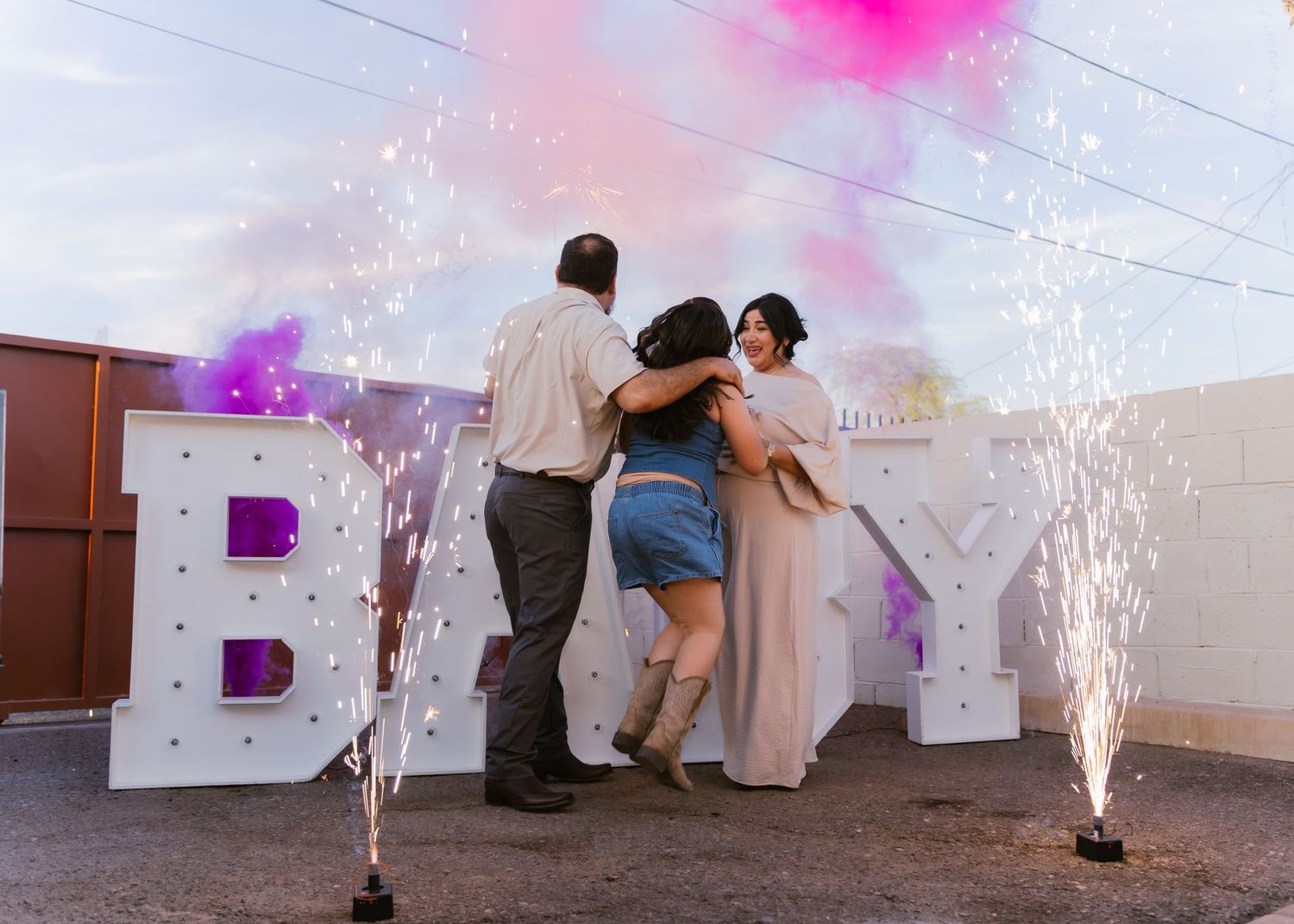Gender reveal party with colorful smoke bombs. Event Photography in Phoenix, AZ Captured by Genesis Renteria, Veeutiful Photography