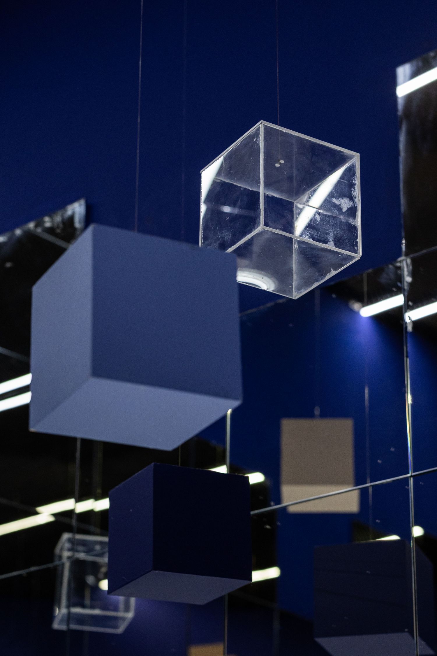 Suspended blue and clear acrylic cubes hanging from wires against a deep blue illuminated ceiling.