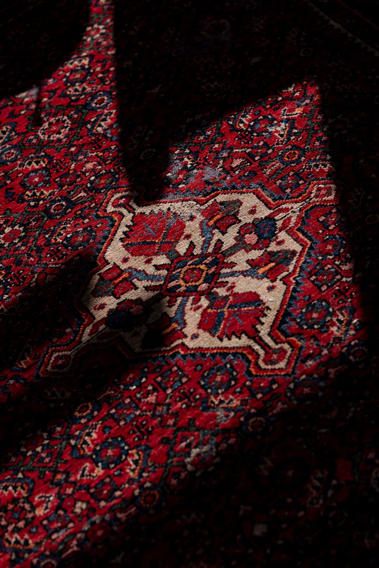 Close-up of a vintage red and dark Persian rug with intricate floral medallion patterns in dramatic lighting.