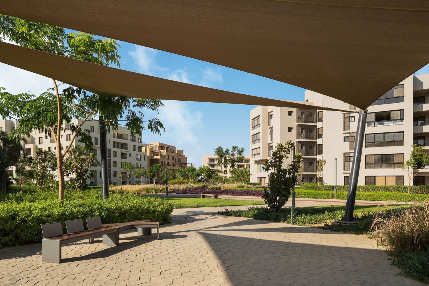 Tree-lined pedestrian pathway with benches under shade canopy in a modern residential apartment community.