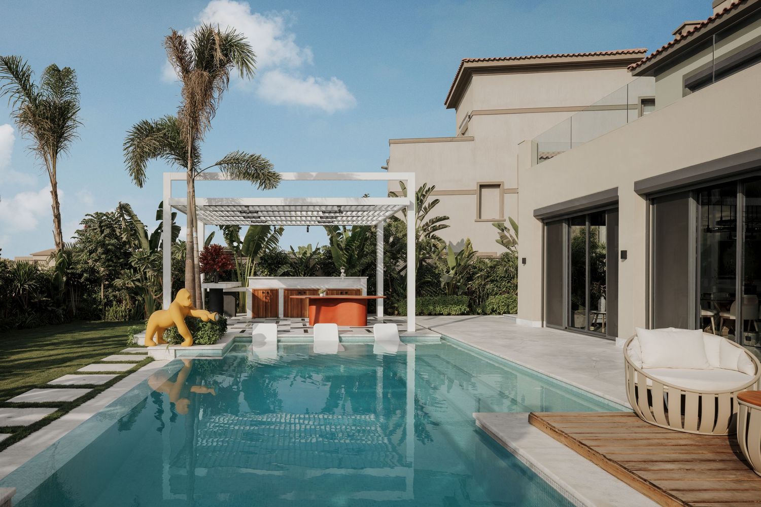 Luxury villa outdoor pool area featuring white pergola, palm trees, and elegant patio furniture.