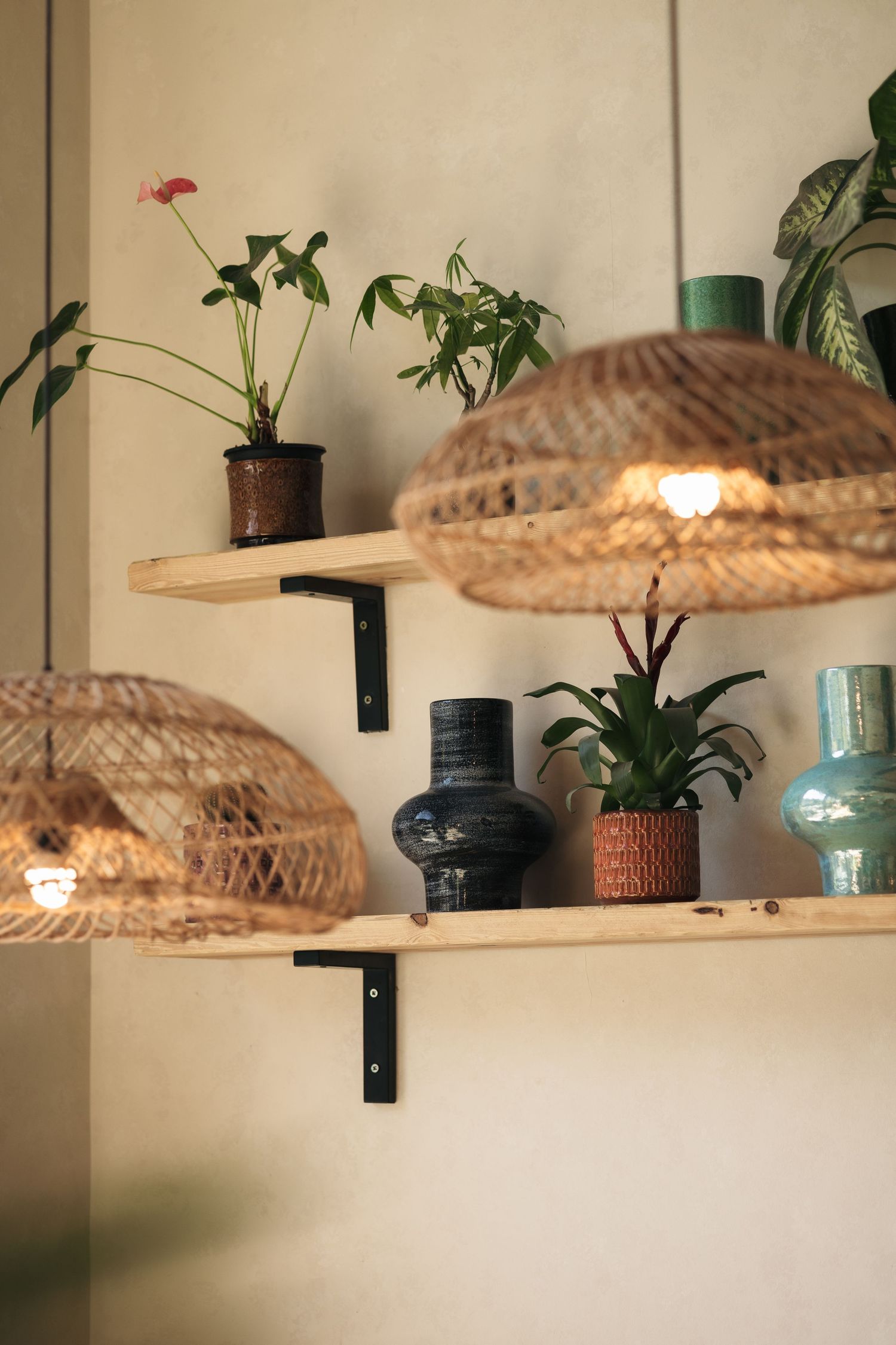 Rustic wooden shelves with wicker pendant lights, potted plants, ceramic vases, and decorative glass bottles.