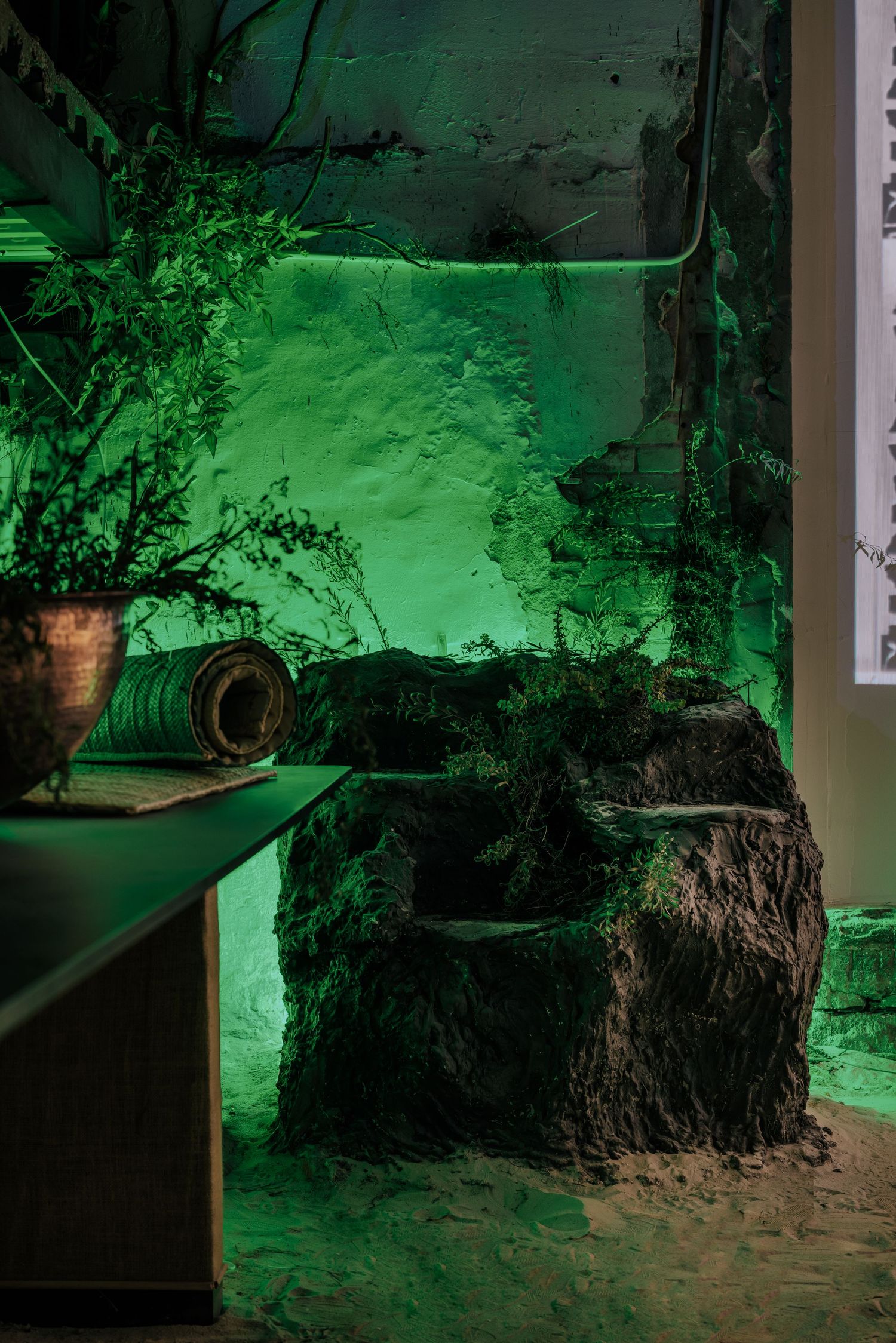 Atmospheric indoor installation with large rocks, lush plants, and dramatic green ambient lighting.