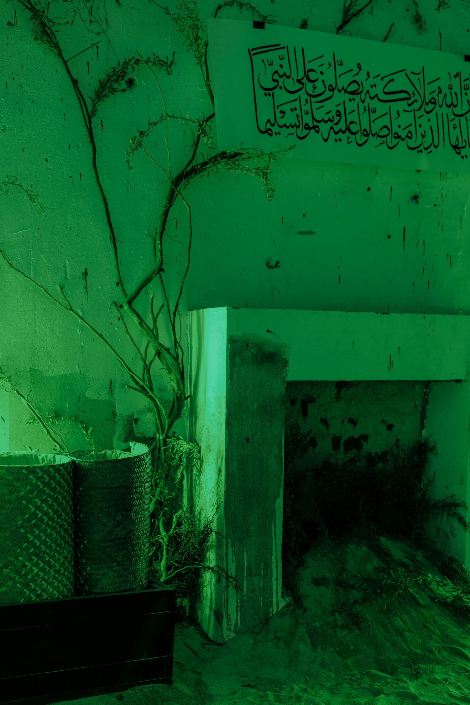 Abandoned room bathed in green light with Arabic calligraphy on the wall and dried plants.