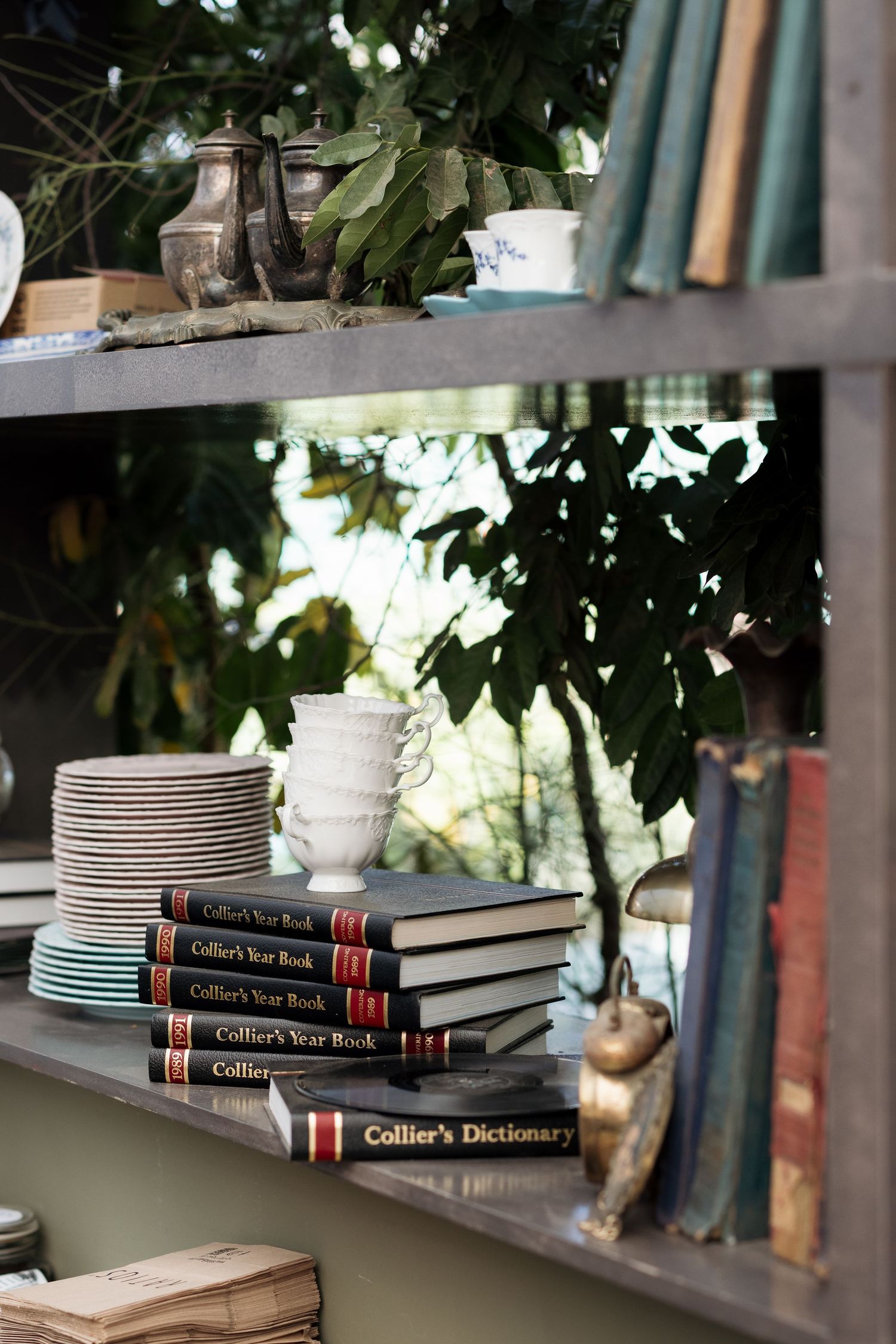 Rustic wooden shelves displaying Colliers Year Books, stacked plates, and vintage decor with lush greenery backdrop.