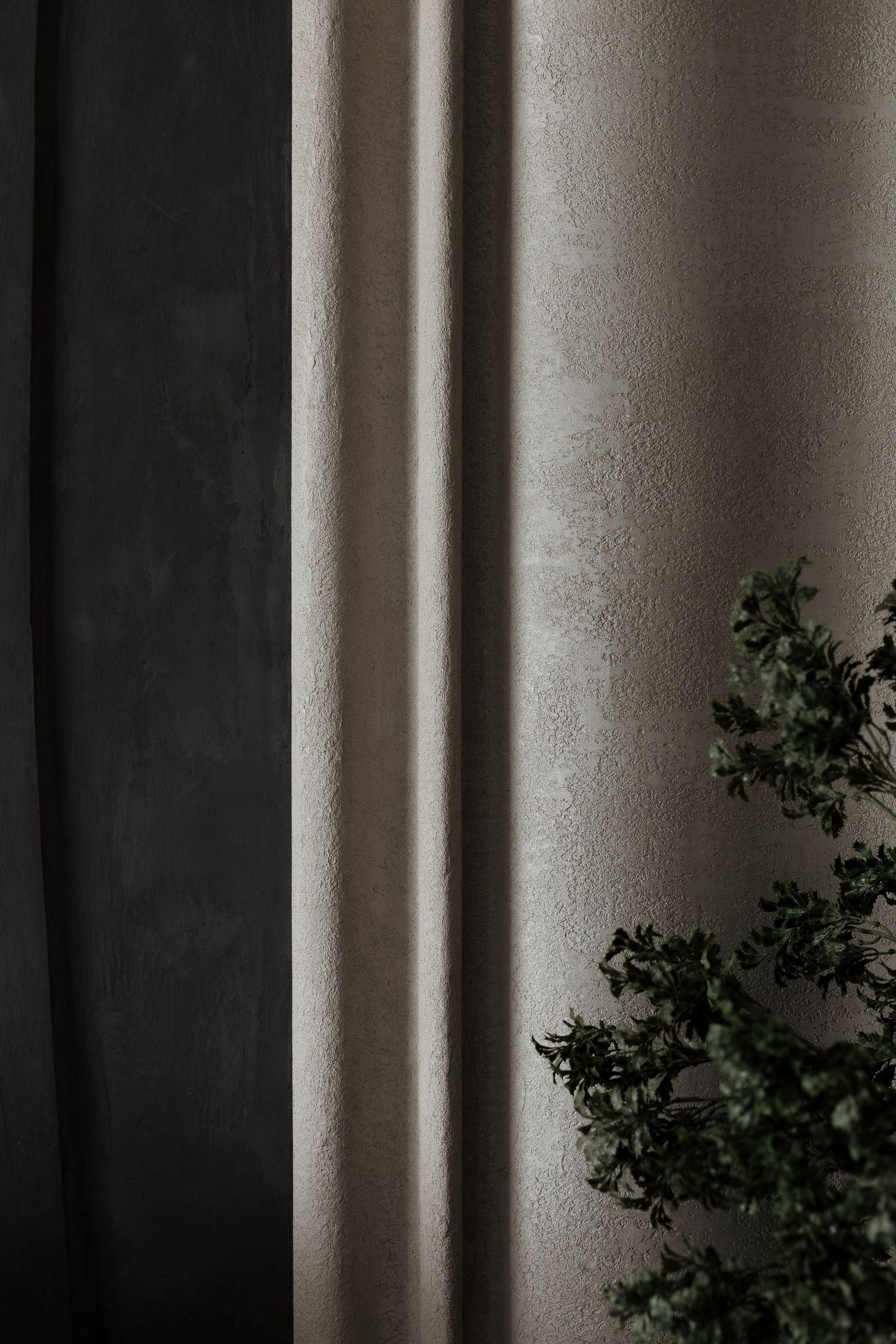 Textured beige wall panel with dark curtain and green plant in modern interior.