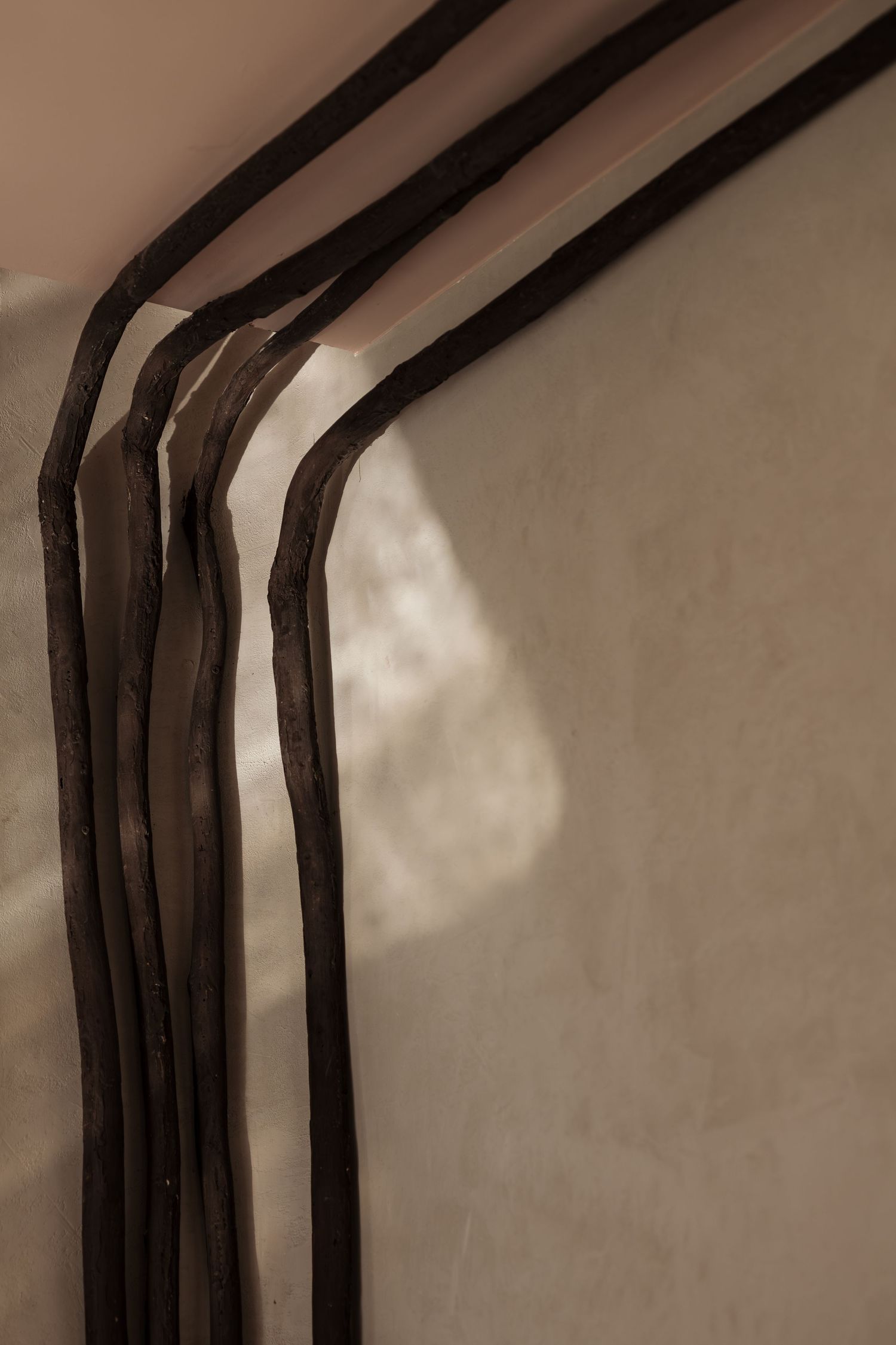Close-up of curved dark iron architectural rods against a textured plaster wall with soft light.