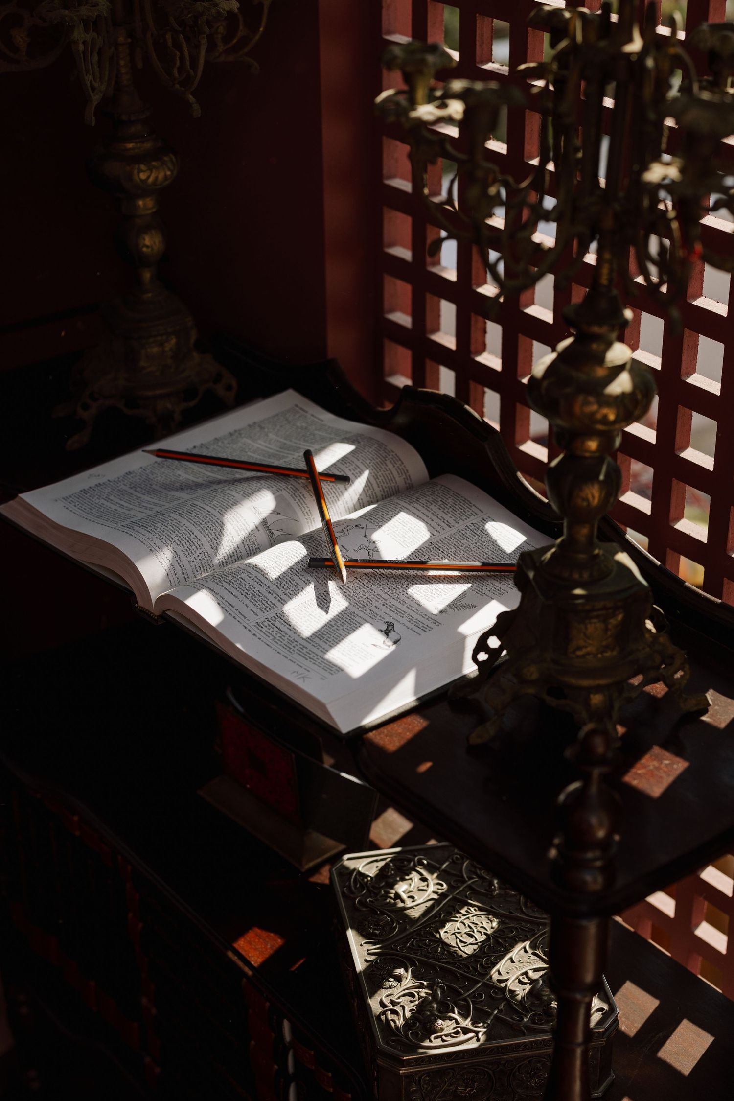 Open book with pencil resting on ornate dark wood stand in dappled sunlight near latticed window.