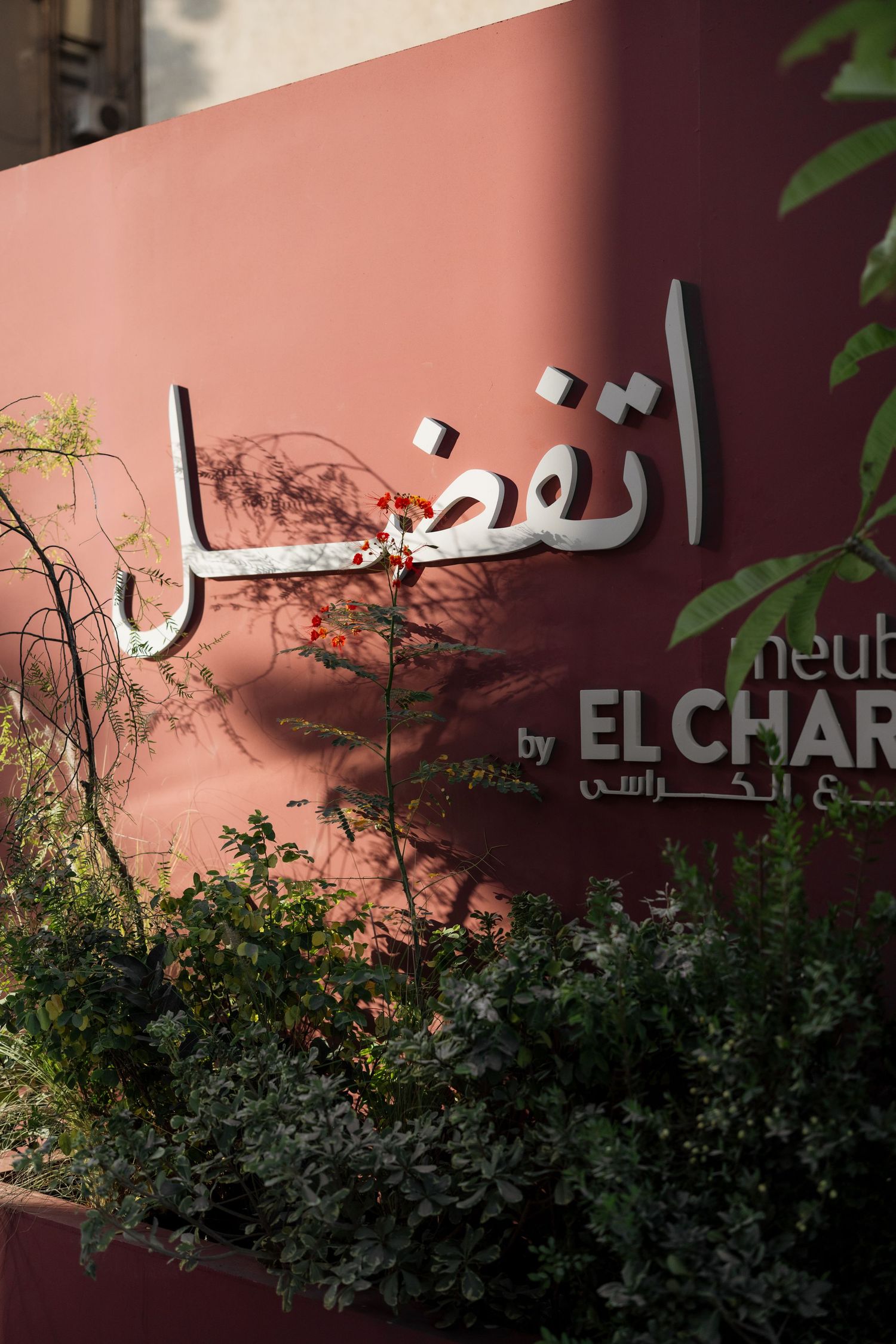 El Charasei furniture store sign in Arabic and English on a terracotta wall with garden plants.