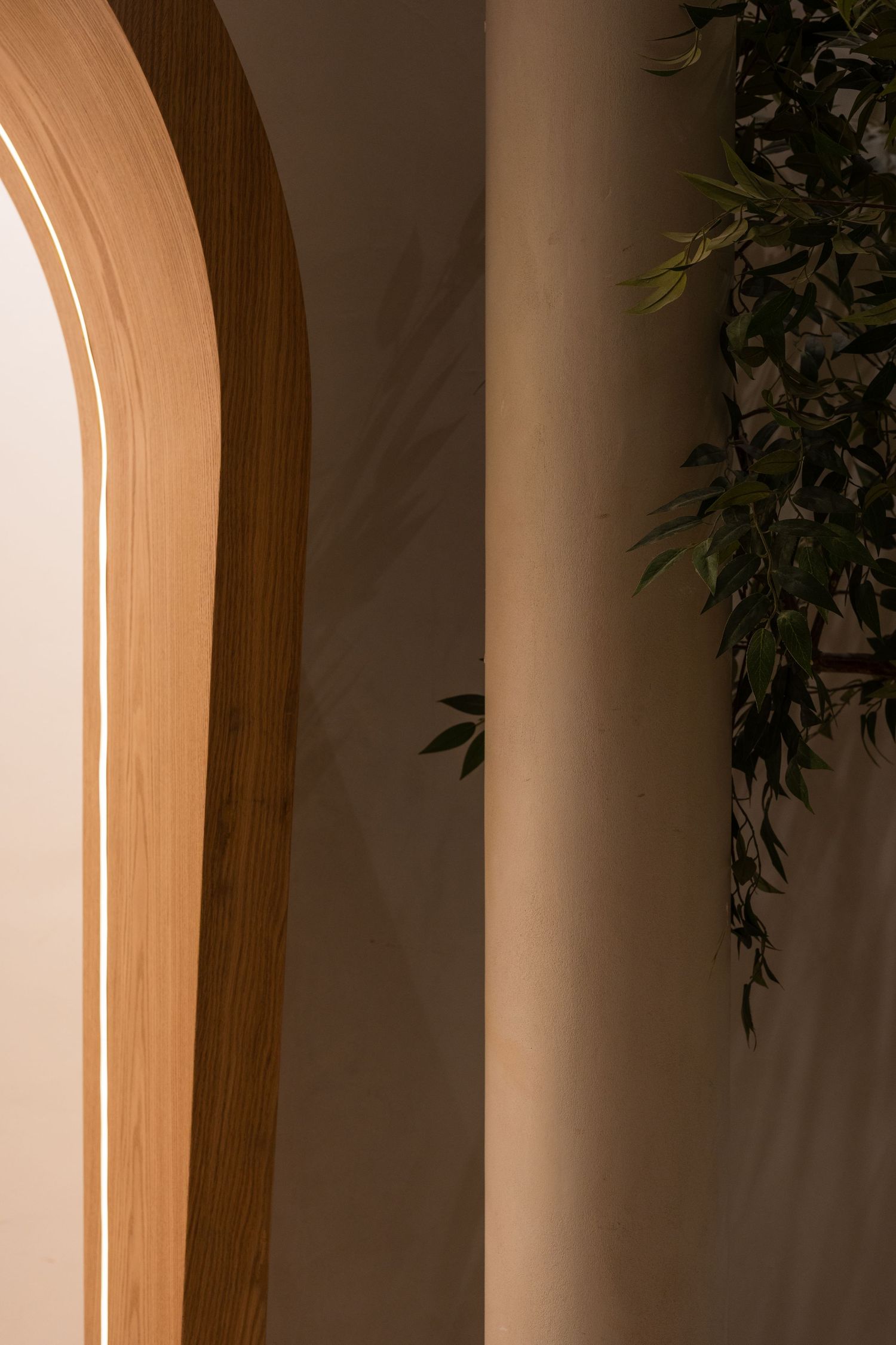Close-up of illuminated arched wooden frame with soft LED edge lighting and green plant leaves in background.