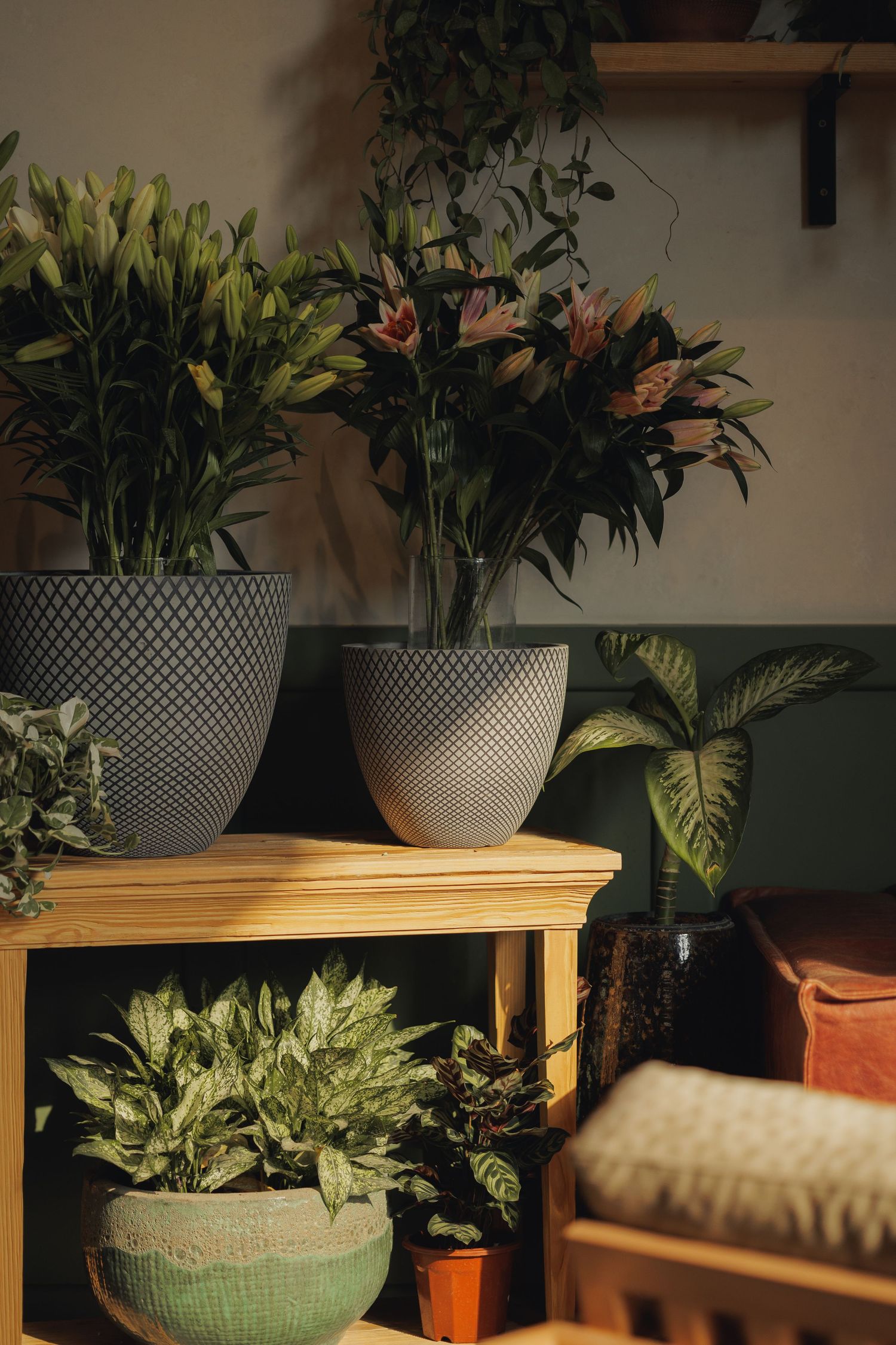 Wooden shelf displaying textured grey pots with pink lilies and tropical houseplants indoors.