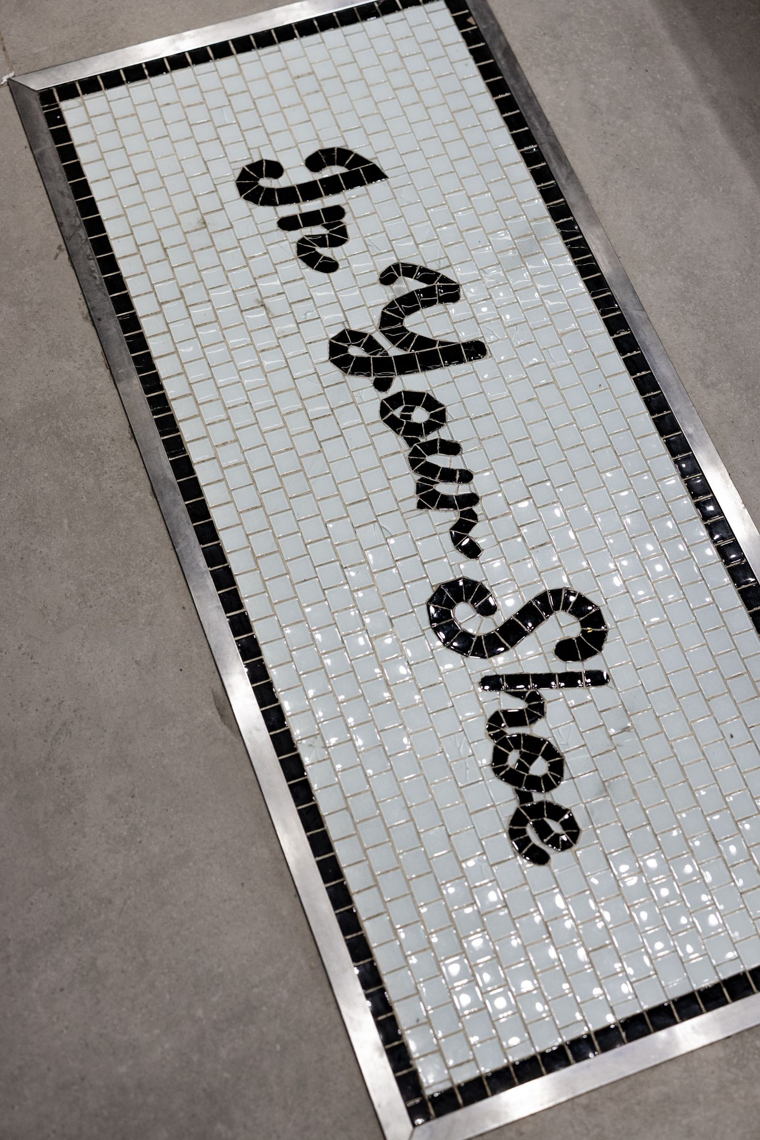 Overhead view of decorative mosaic tile floor inlay reading In Your Shoe in black script with chrome border.