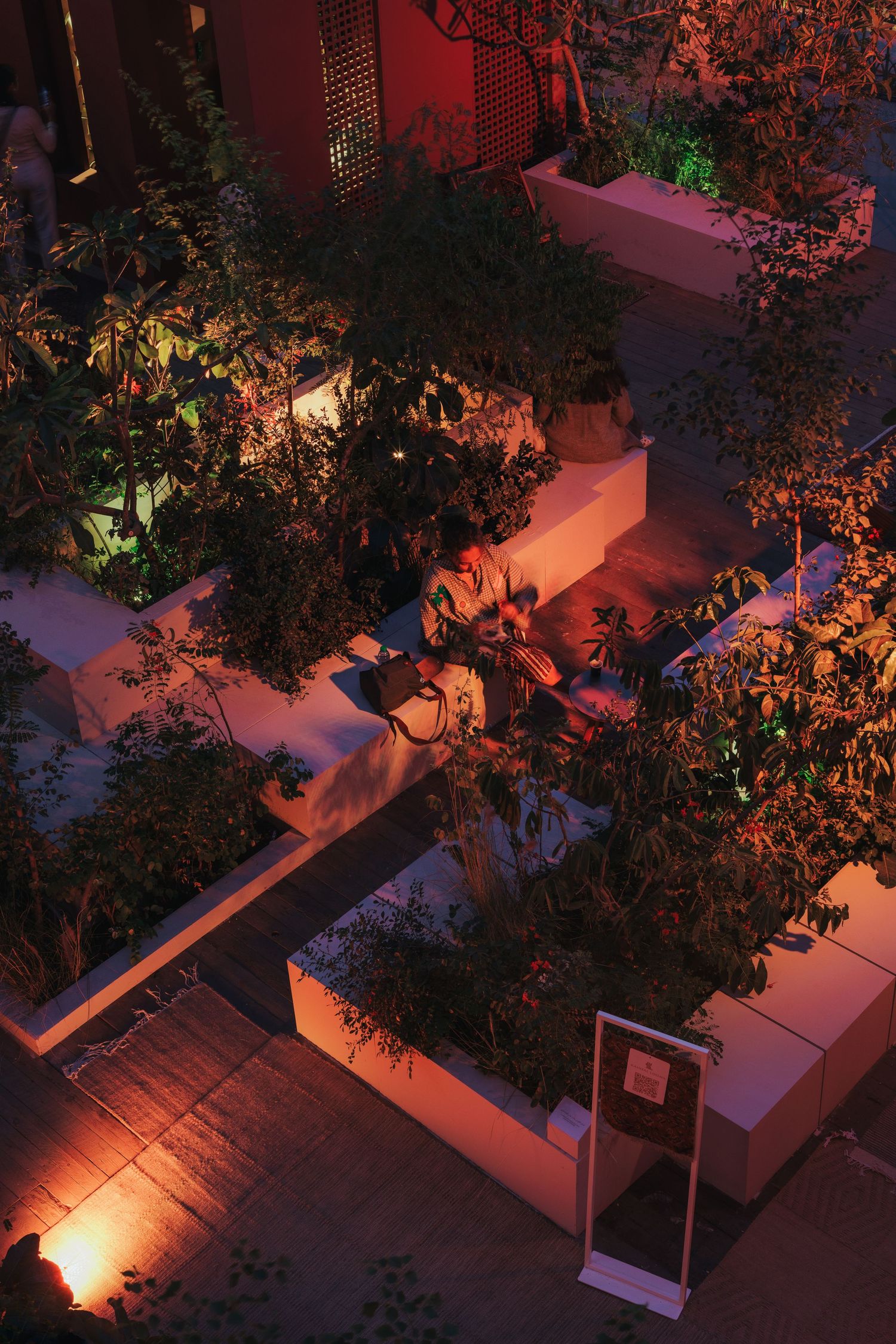Aerial night view of tiered white planters filled with green plants illuminated by warm ground lights.