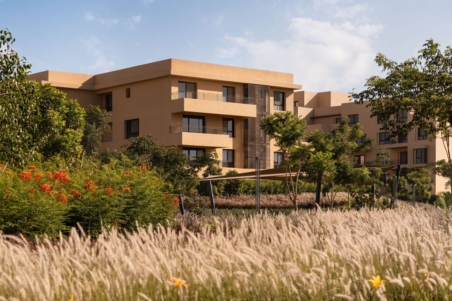 Warm-toned residential building surrounded by wildflowers, ornamental grasses, and lush landscaping under blue sky.