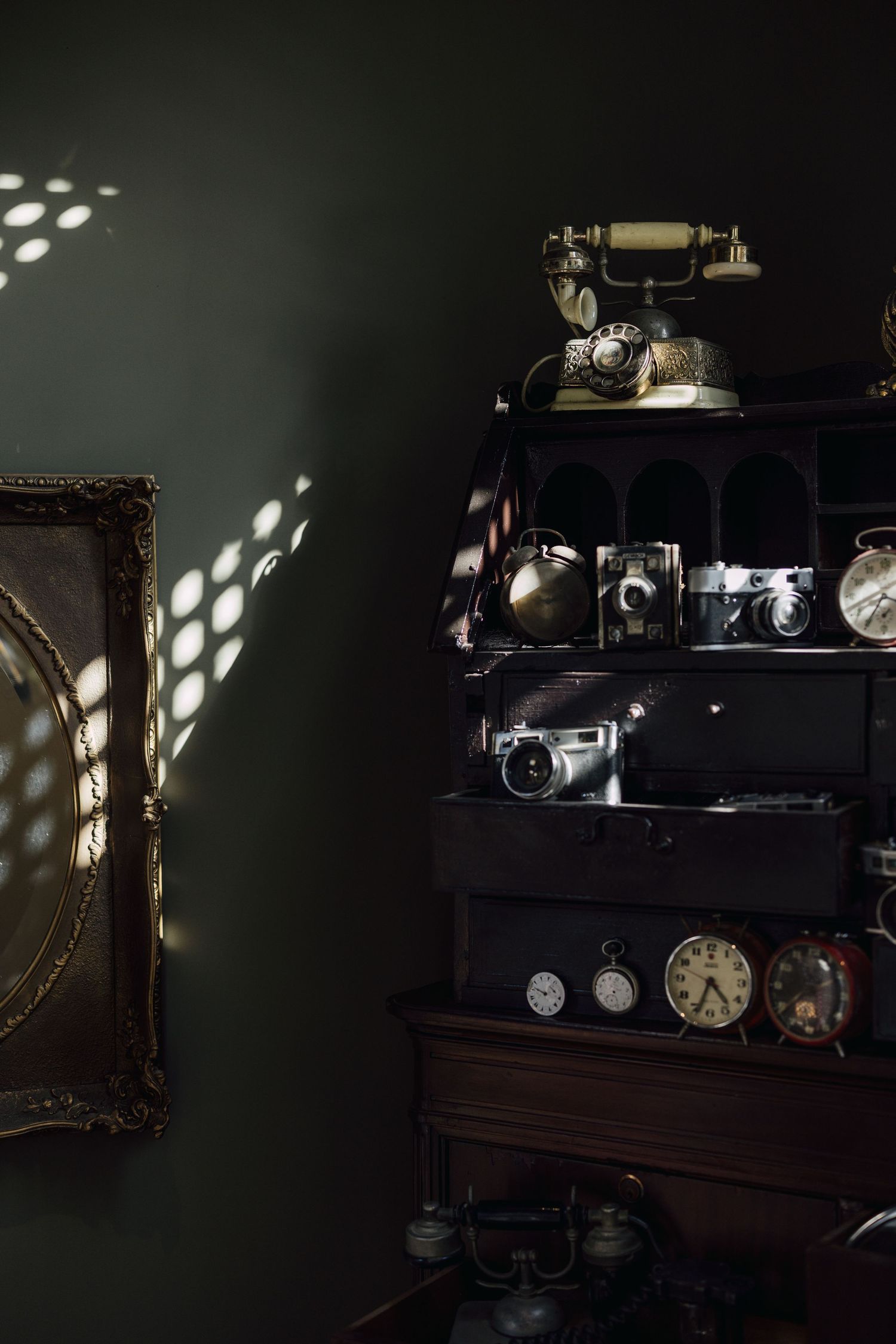 Vintage shelf displaying antique rotary phone, old cameras, and clocks with dappled light patterns.