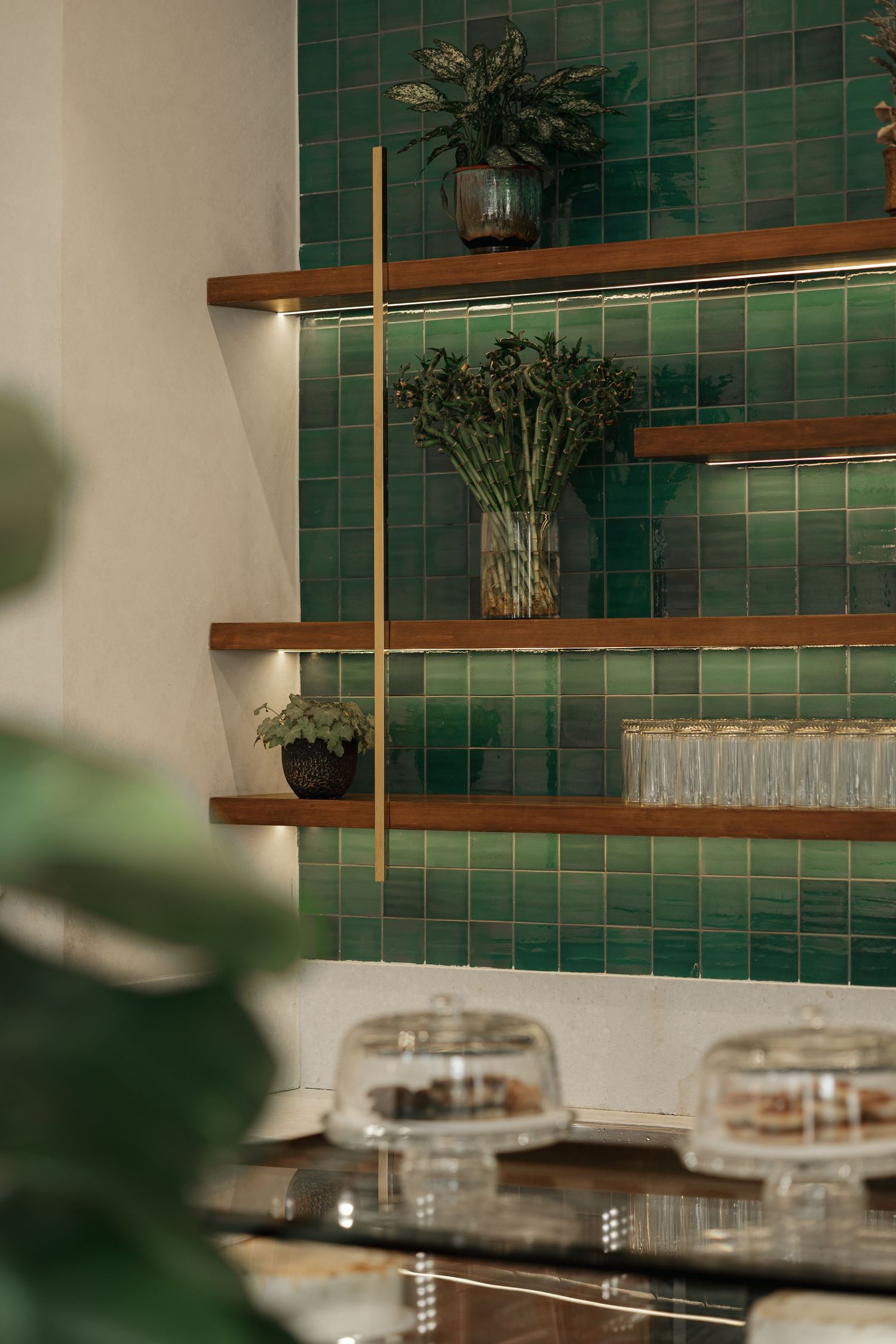 Wooden shelves with green plants and glassware against emerald green square tile wall in a stylish cafe interior.