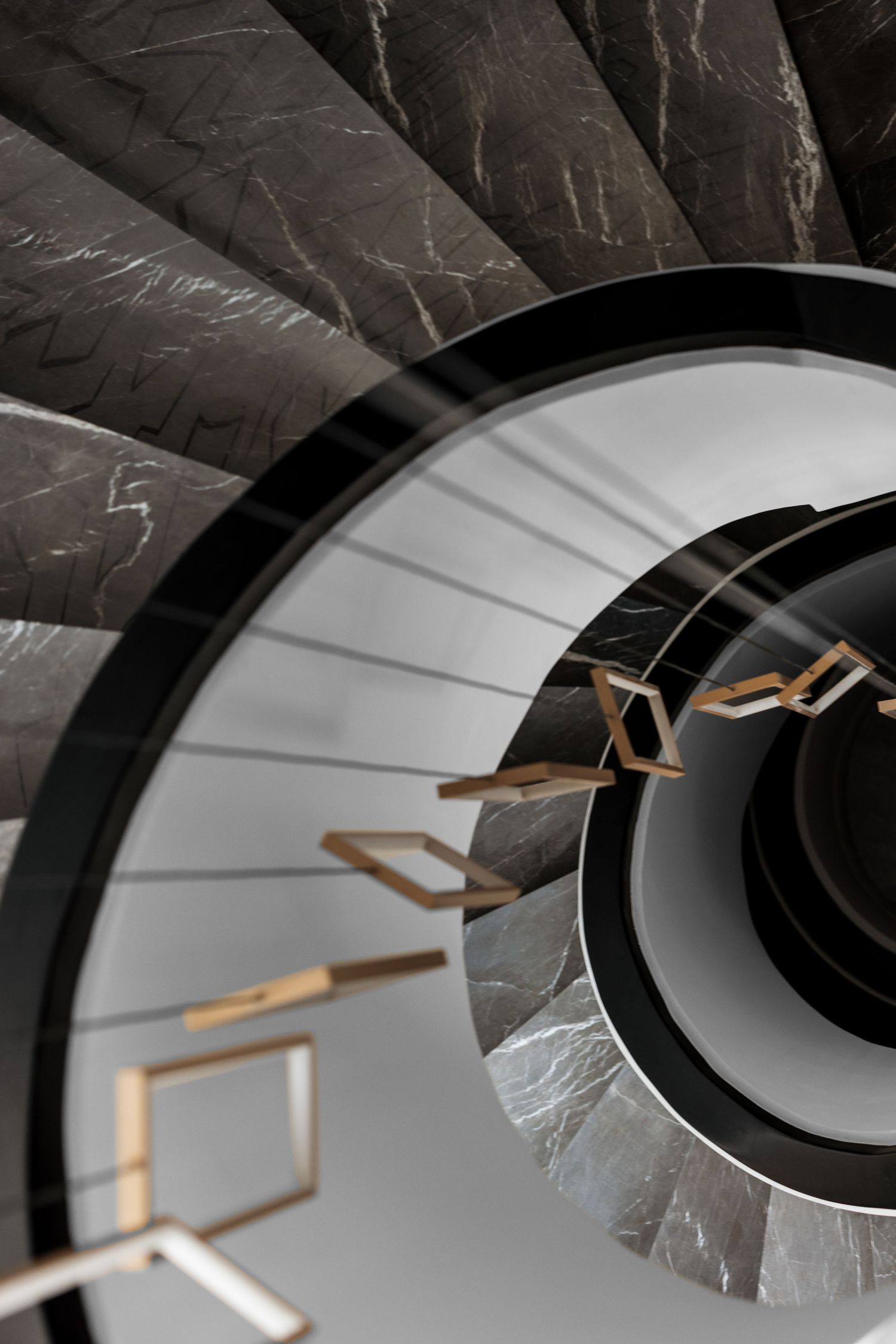 Dramatic overhead perspective of dark marble spiral staircase with floating gold rectangular railing details and white curved walls.