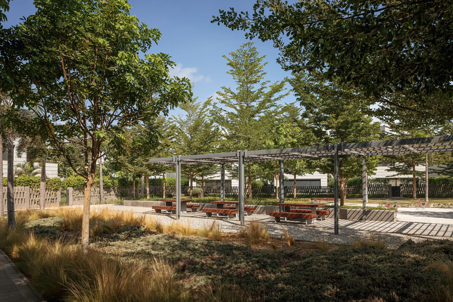 Shaded pergola seating area surrounded by trees and ornamental grasses in a landscaped park.