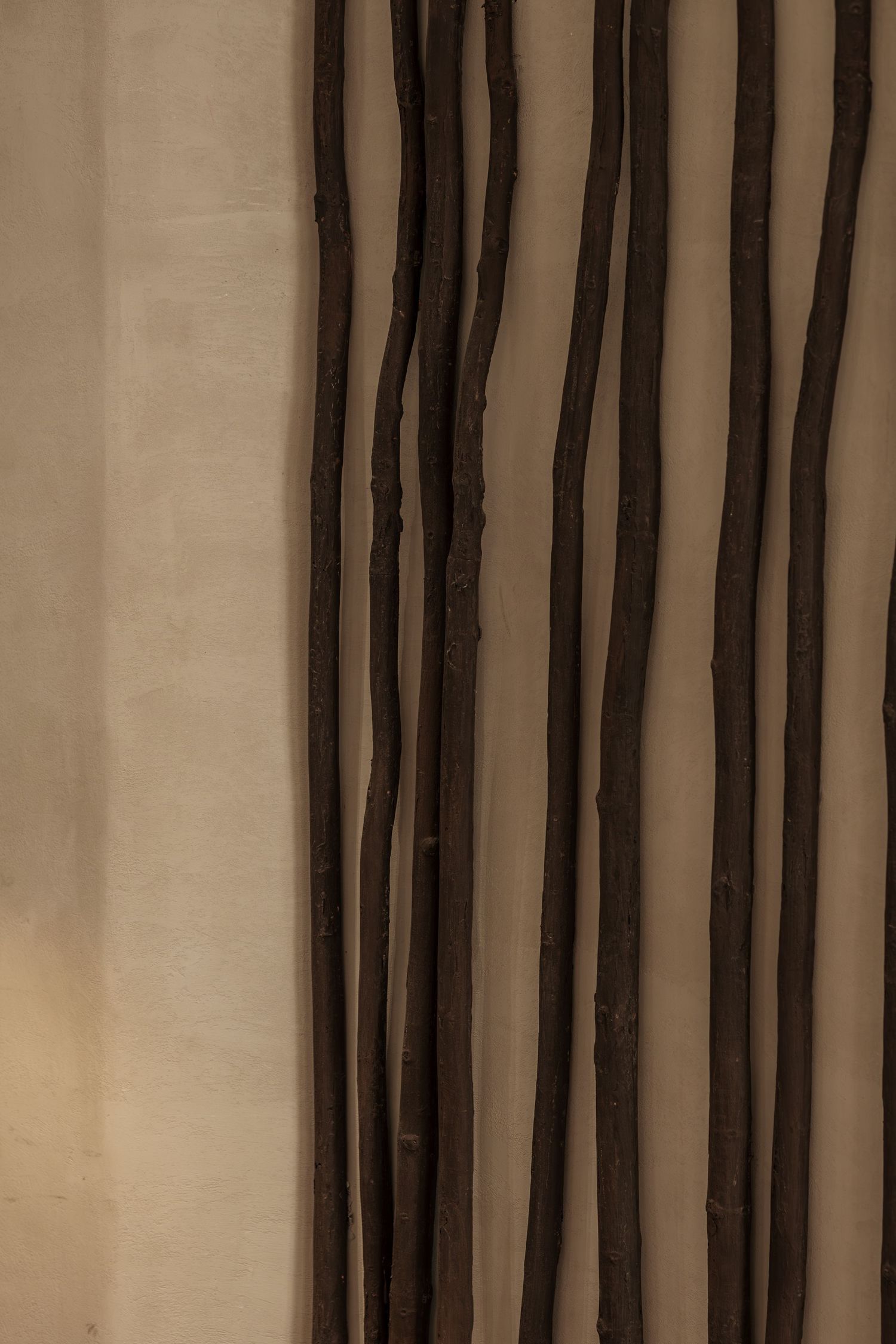 Dark twisted branch sculptures mounted vertically against a beige textured wall as decorative art installation.